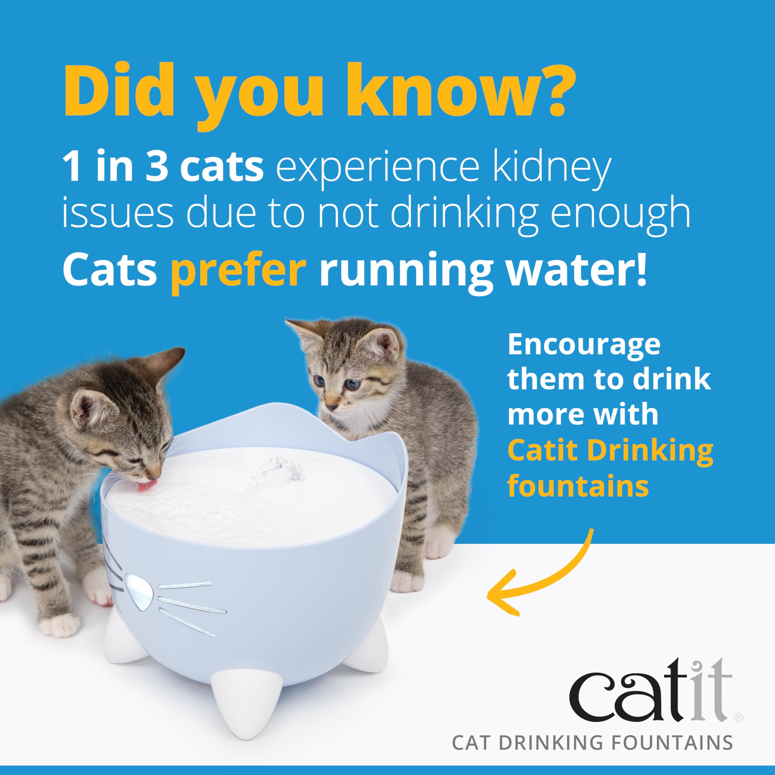 Catit PIXI Cat Drinking Fountain - White Stainless Steel Top | 2.0L Capacity | Triple Filter 7