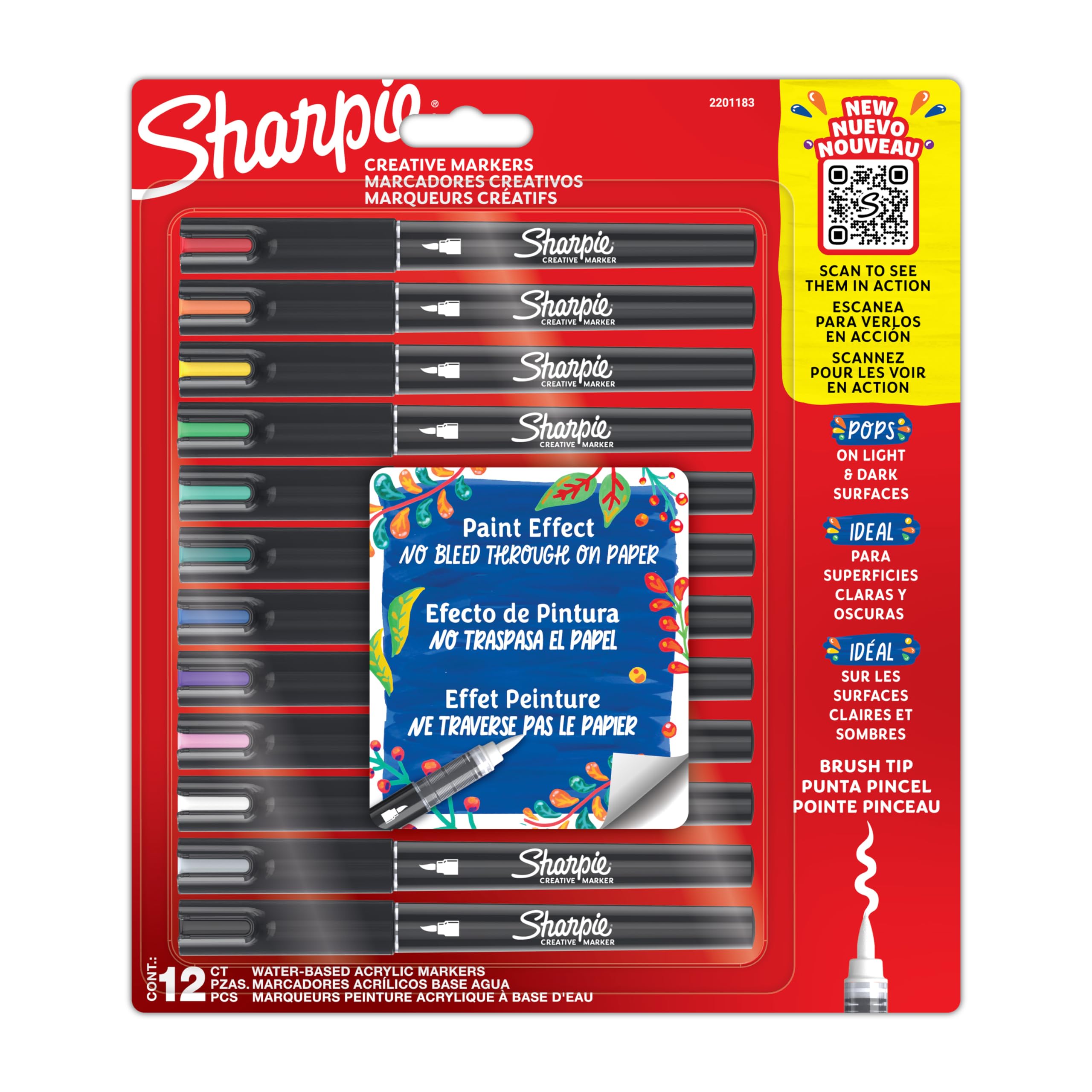 Sharpie Creative Markers Acrylic Paint Pens - Brush-Tip, Water-Based Ink, No-Bleed | Pack of 12