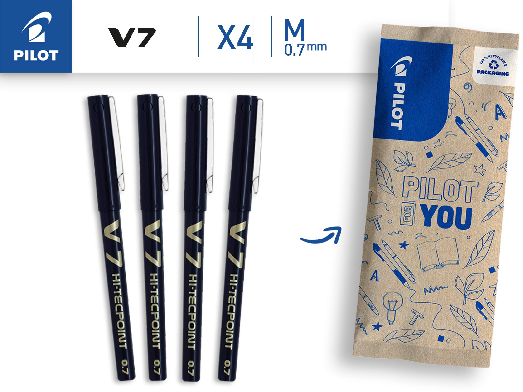 PILOT V7 Liquid Ink Rollerball Pen - 0.7mm Tip, Black Ink | Pack of 4