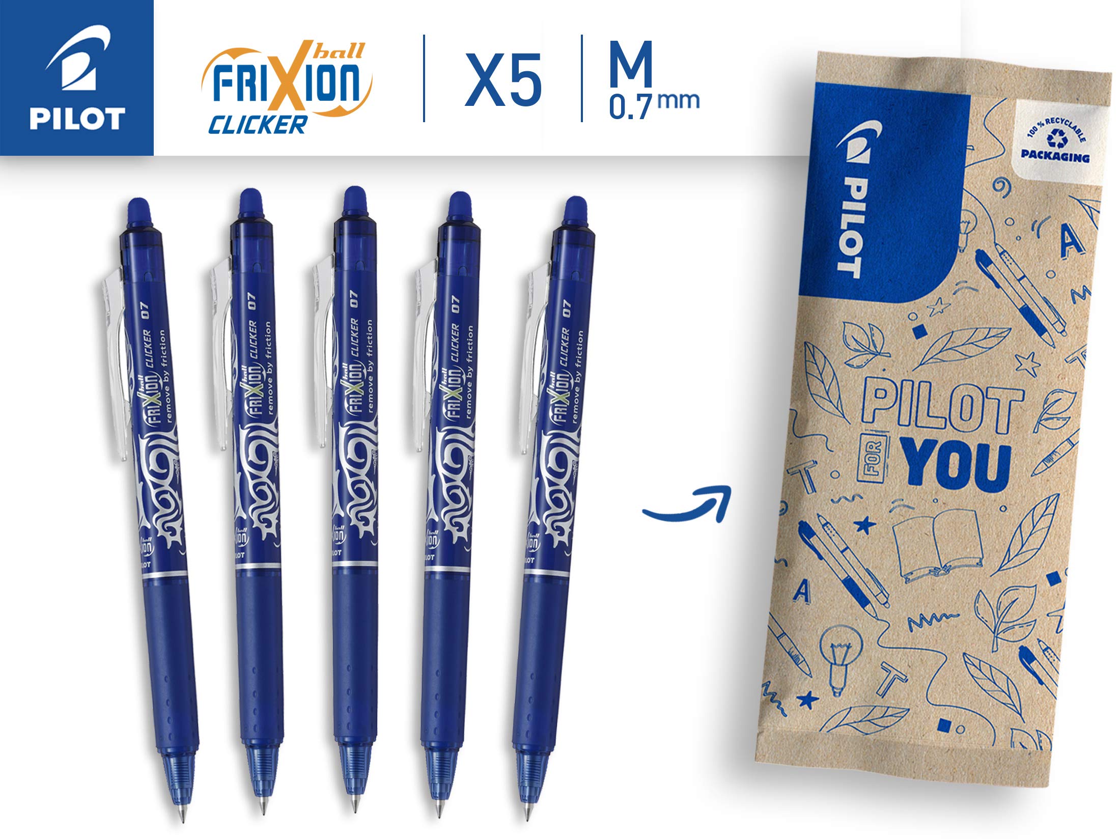 PILOT FriXion Clicker Erasable Rollerball Pen - 0.7mm Medium Point, Blue Ink | Pack of 5 2
