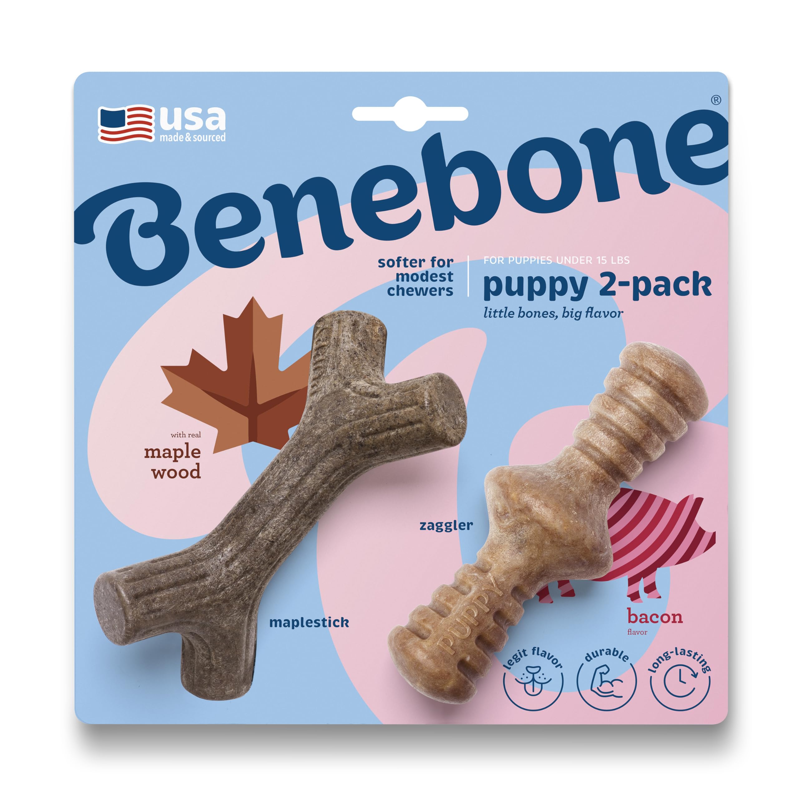 Benebone Puppy Tiny 2-Pack Indestructible Chew Toy - Real Bacon/Maple Flavor | For Dogs up to 15 lb