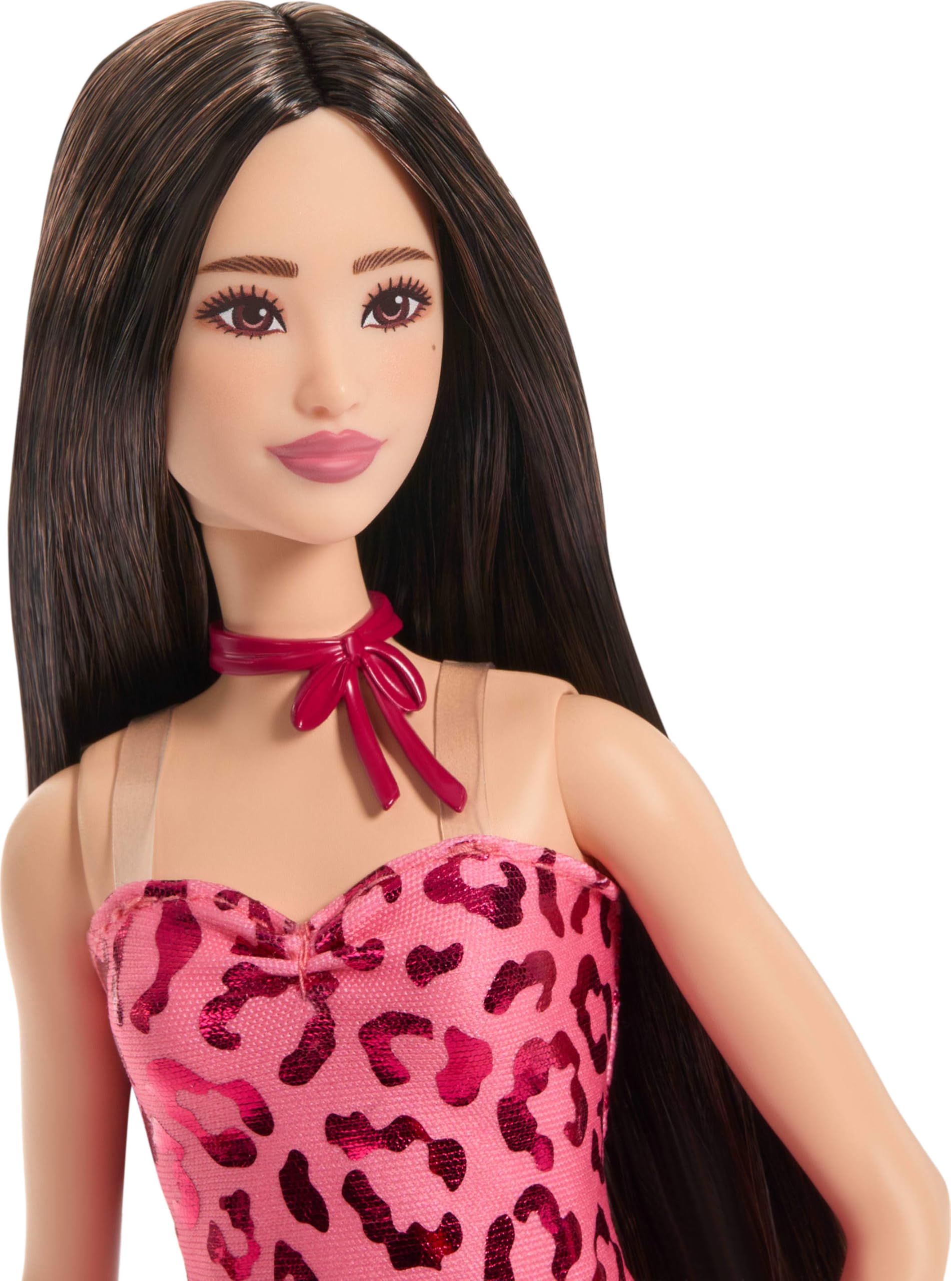 Barbie Fashionistas Doll #246 with Black Hair, Tall Body, Pink Leopard Print Strapless Dress 3
