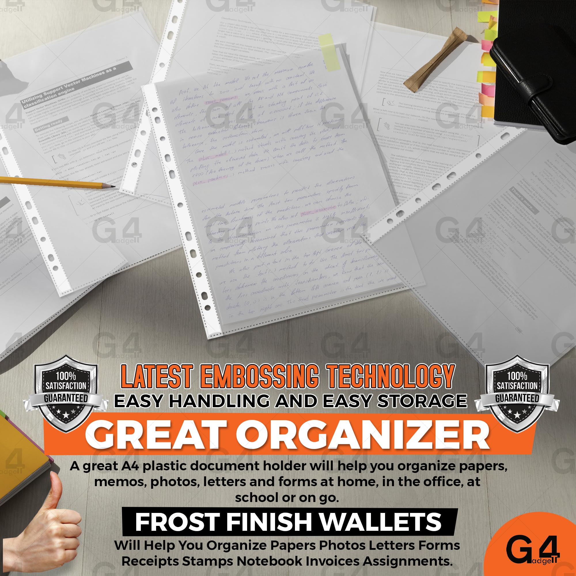 G4GADGET 100 Pcs A4 Plastic Punched Pockets - 30 Micron Clear Textured Finish for Filing 5
