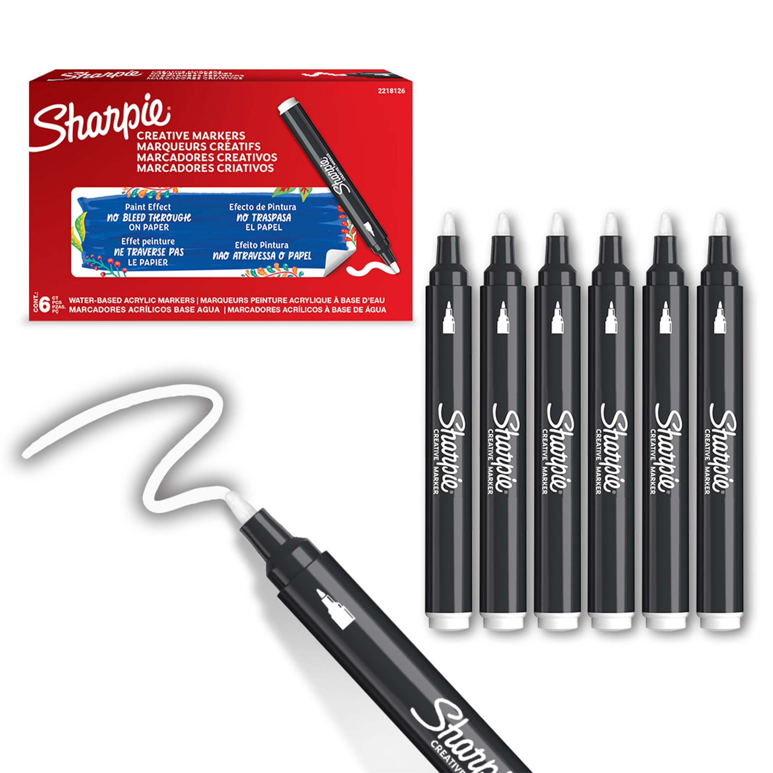 Sharpie Creative Marker Acrylic Paint Pens - White Ink, Bullet Tip, No-Bleed | Pack of 6