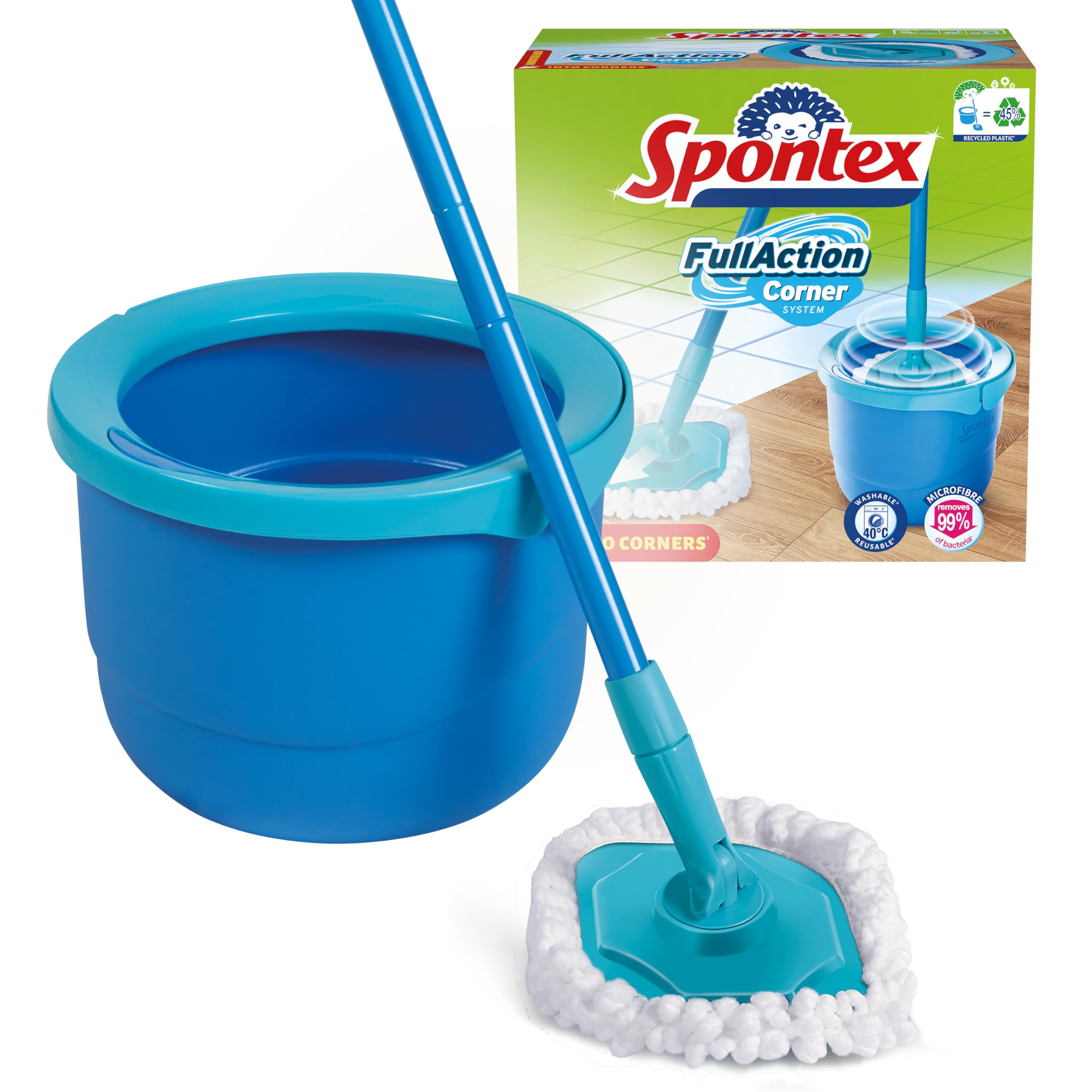 Spontex Full Action Corner System Spin Mop and Bucket Set | 360° Wringing | Microfibre Head | Cleans Laminate, Wood & Tile 1