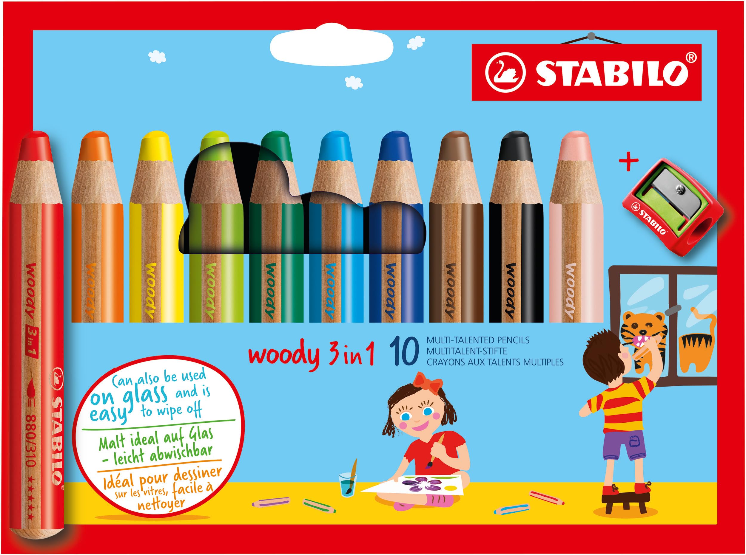 STABILO woody 3-in-1 Coloured Pencils - 10 Assorted Colours Wallet + Sharpener