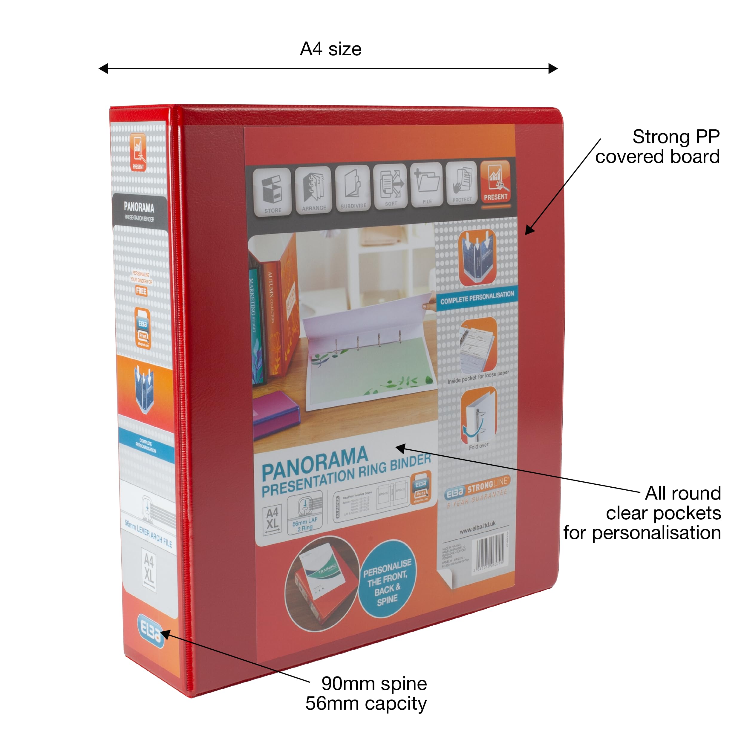 Elba Presentation A4 Lever Arch File | Red Plastic | 90mm Spine | 560 Sheet Capacity 2