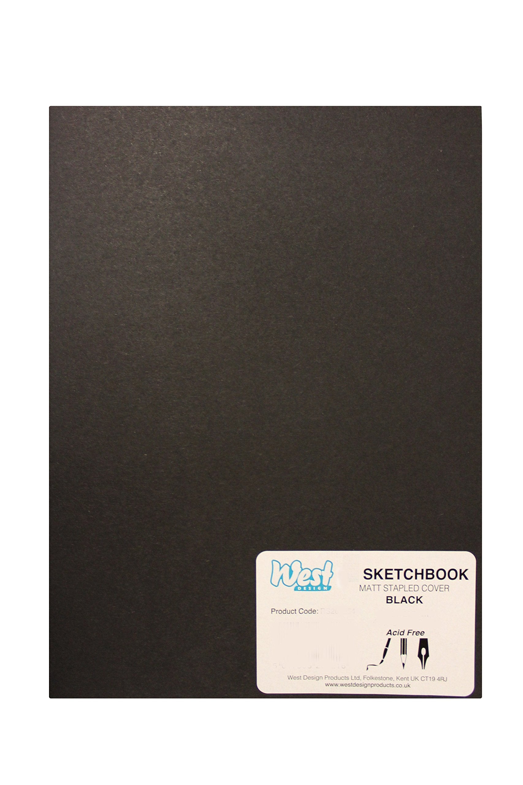 West Design A5 Sketchbook - 140gsm | 40 White Pages | Stapled Laminated Black Cover