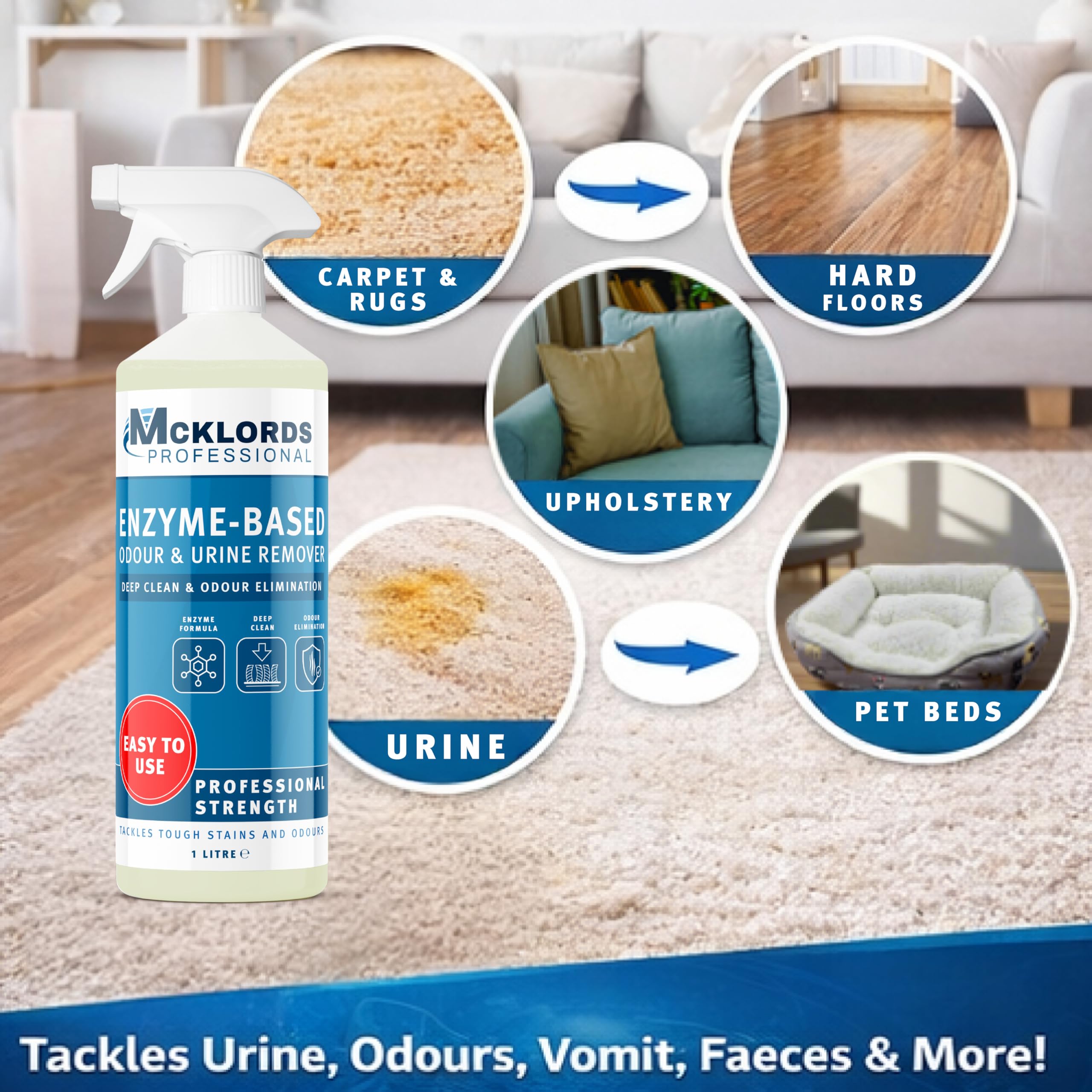 McKlords Professional Enzyme Cleaner - 1L Liquid for Carpet & Upholstery Stain Removal