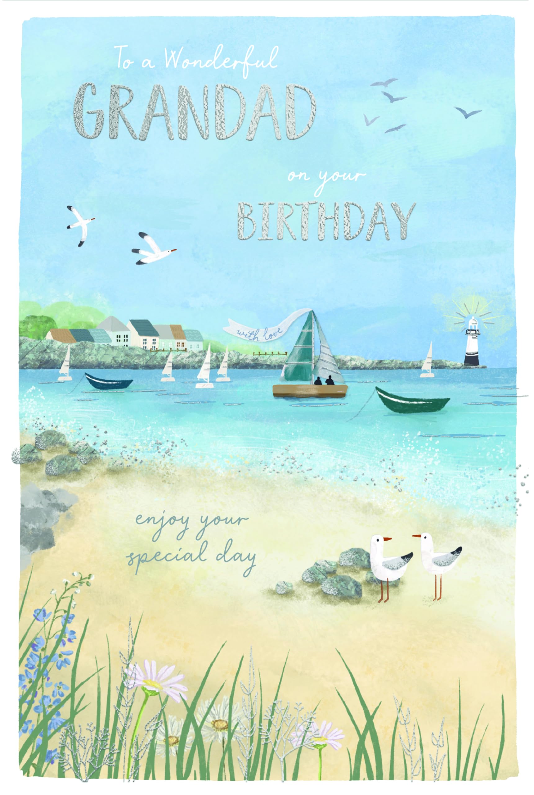 Wishing Well Grandad Birthday Card | 9 x 6 Inches | Seaside Boat Design | Luxury Foil Lettering