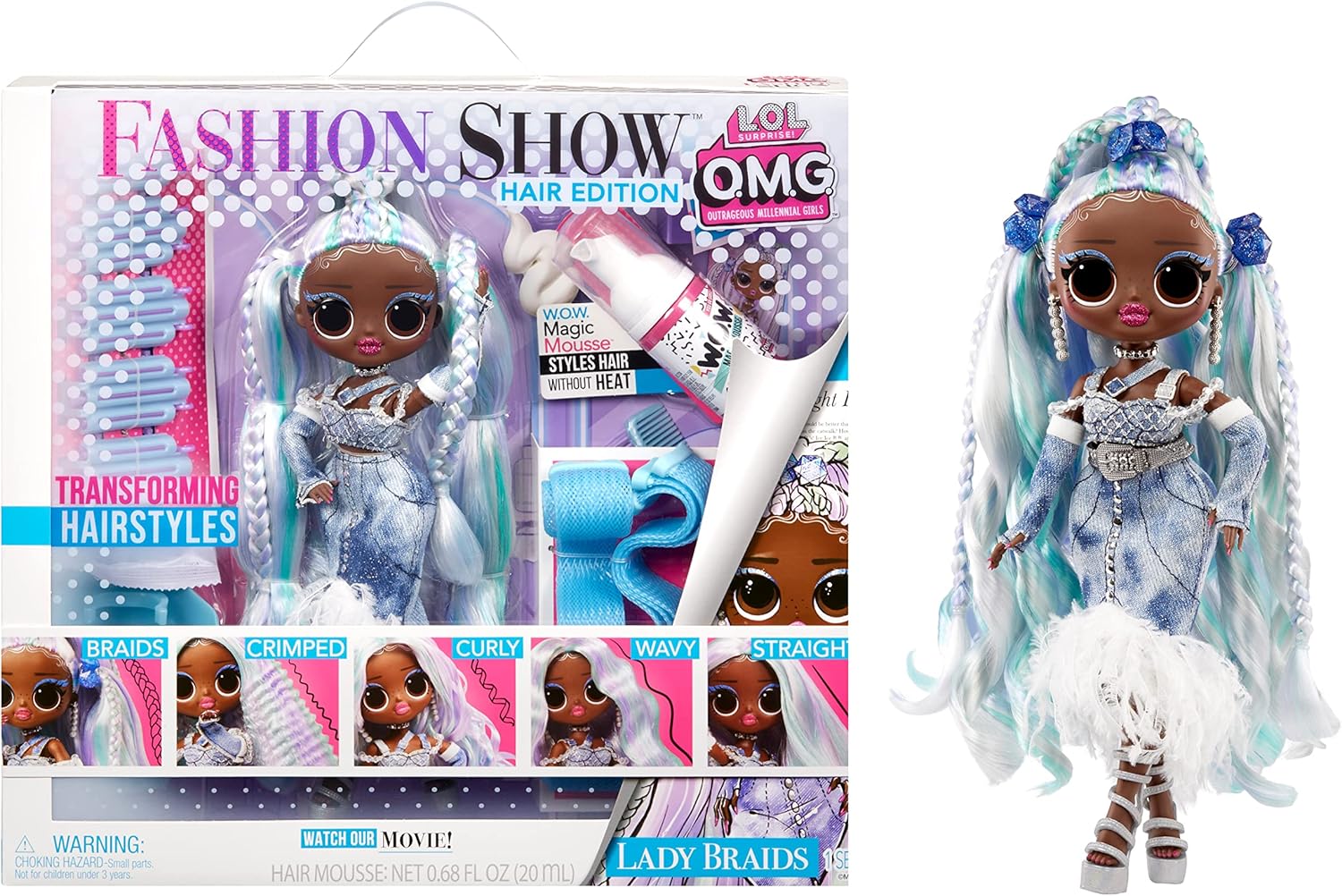 LOL Surprise OMG Fashion Show Hair Edition - Lady Braids 10" Doll with Transforming Hair & Accessories