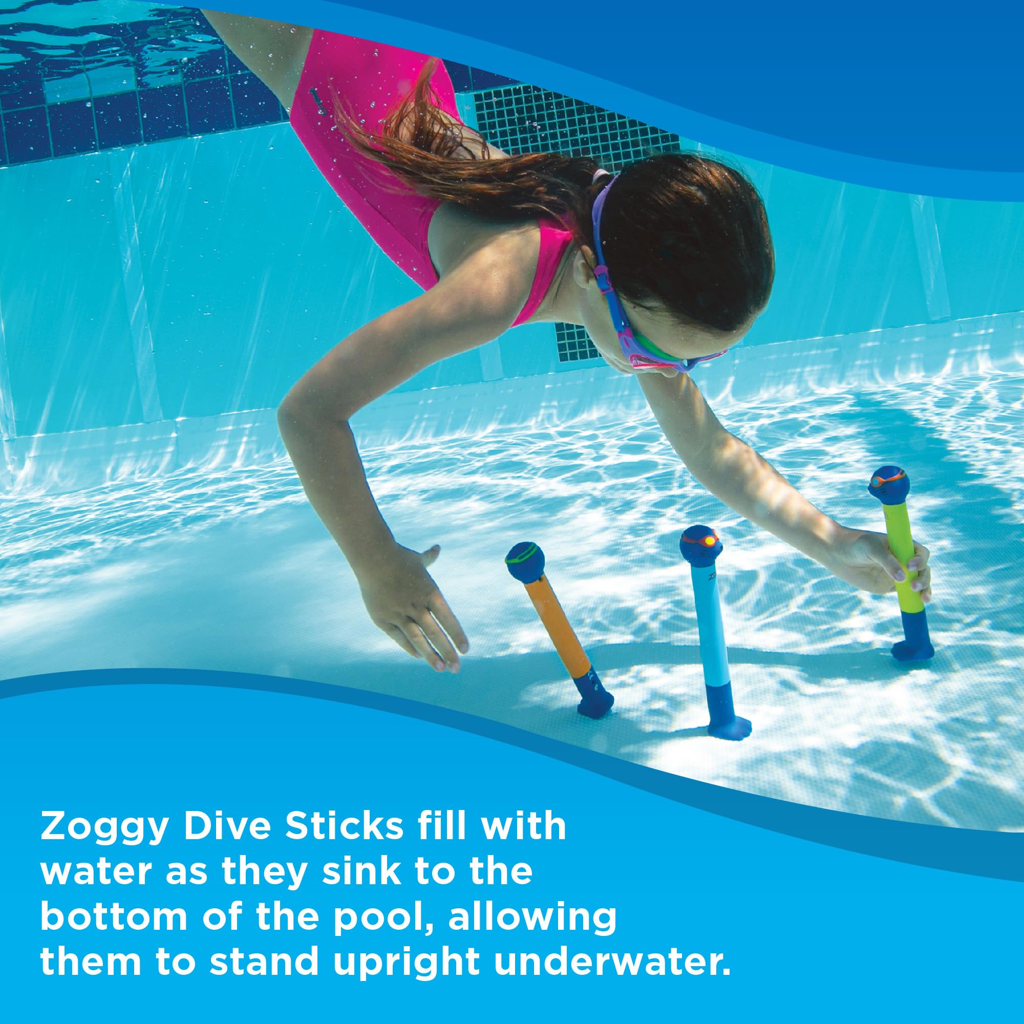 Zoggs Zoggy Dive Sticks for Kids Swimming Pool Toys, Confidence Building Sinkies, Age 3 & Up, Blue/Lime/Orange, 3-Pack 7