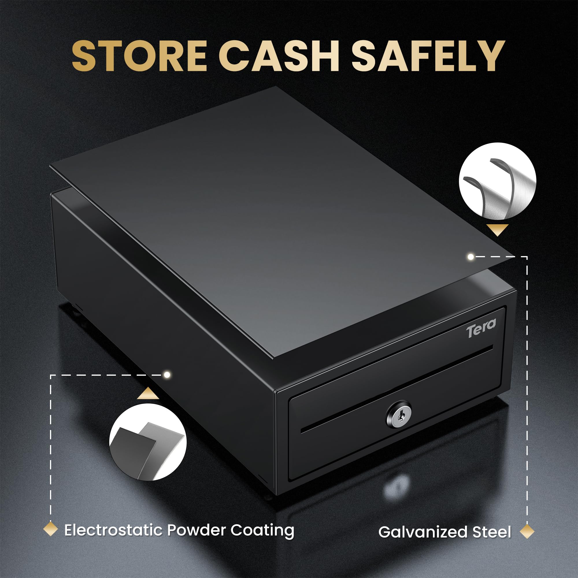 Tera 8'' Mini Cash Drawer Register - Compact 4 Bill/6 Coin Tray | RJ12 Compatible | Black 5