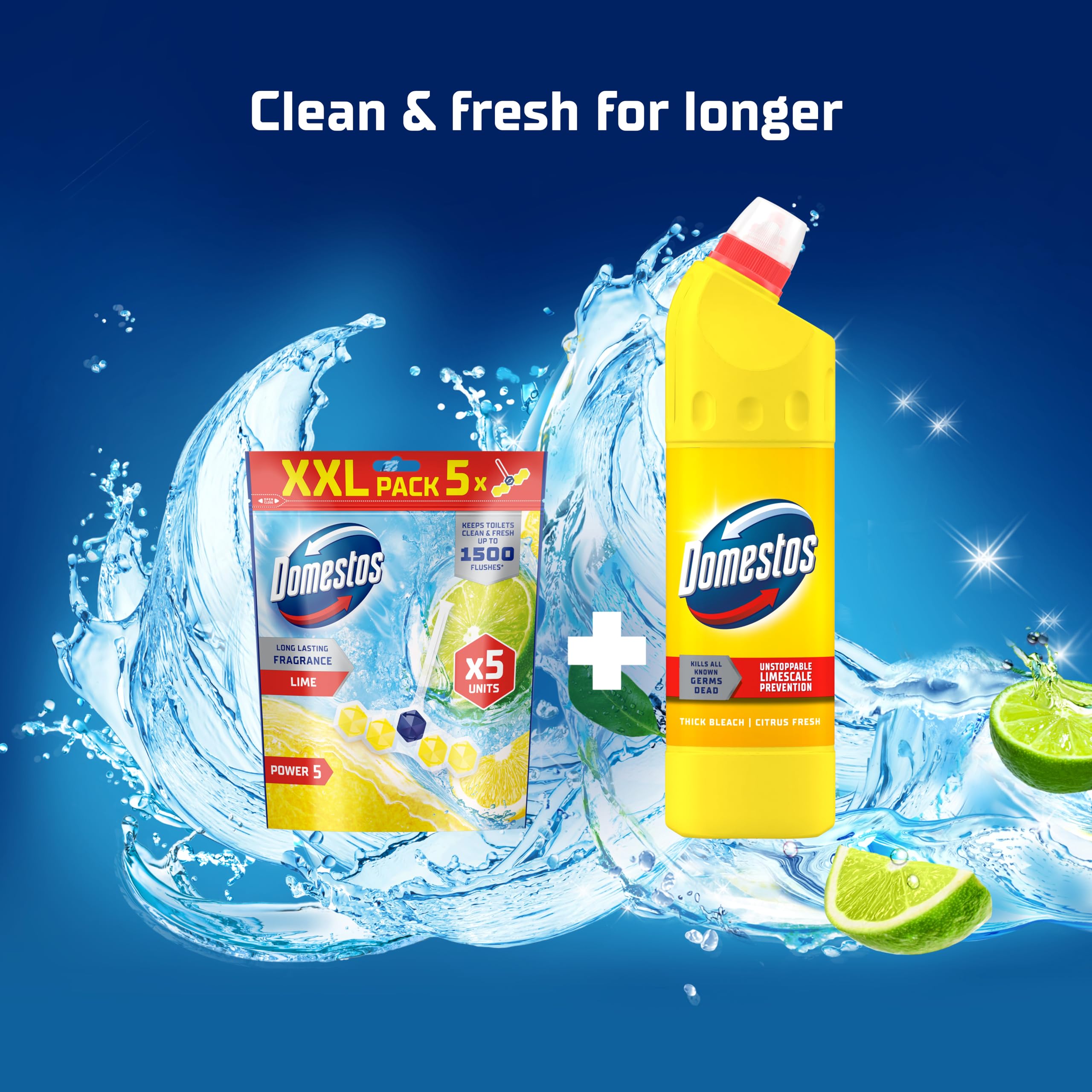 Domestos Power 5 Lime Toilet Rim Blocks - 5 Benefits, 300 Flushes, Limescale Prevention