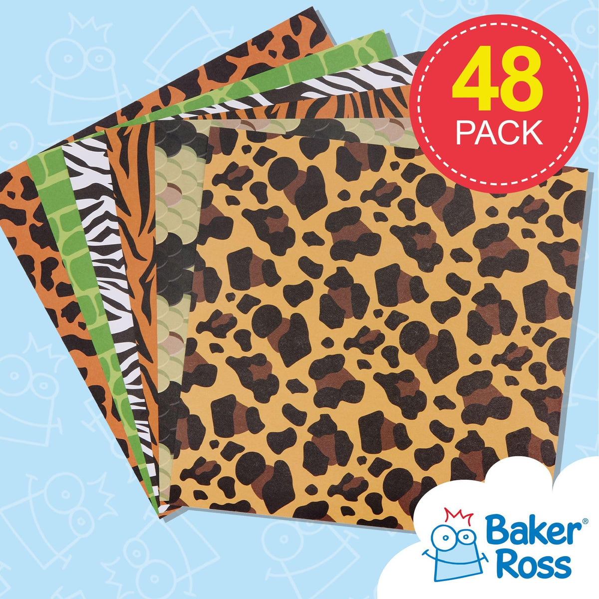 Baker Ross Jungle Animal Printed Paper Pack - 48 Sheets, 203 x 203 mm