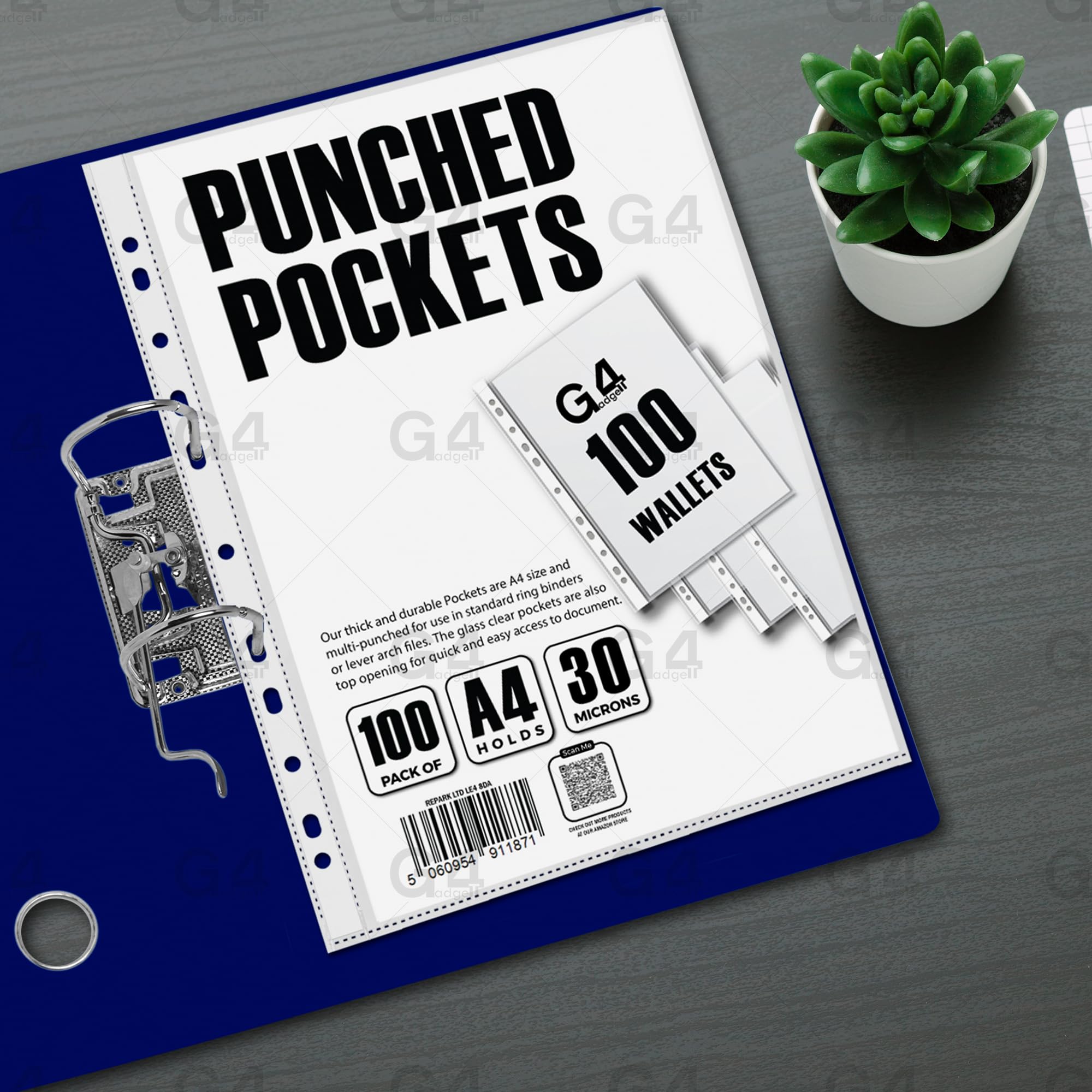 G4GADGET 100 Pcs A4 Plastic Punched Pockets - 30 Micron Clear Textured Finish for Filing 4