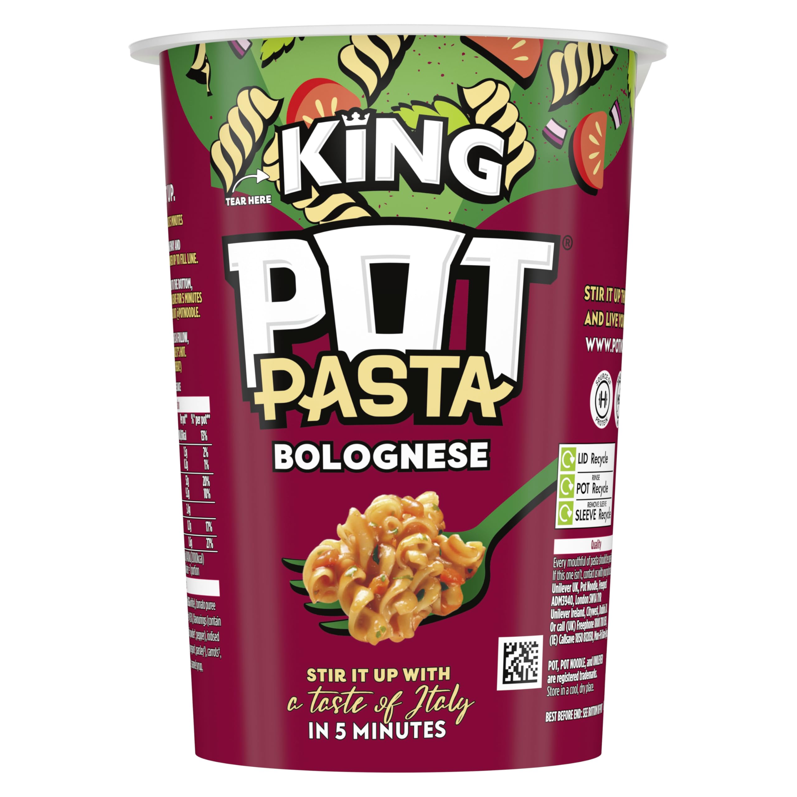 Pot Noodle King Pot Pasta Bolognese Instant Hot Snack Pot | 73g Pack of 8 | Source of Protein 1