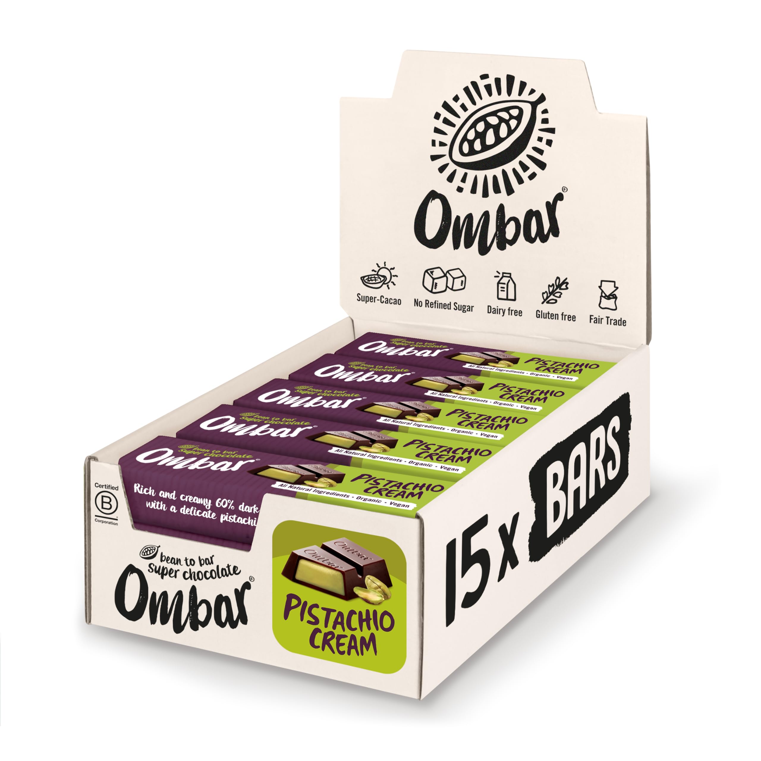 Ombar Pistachio Cream Vegan Chocolate Bar - 60% Dark Chocolate with Deep Filled Pistachio Centre (42g x 15) 1