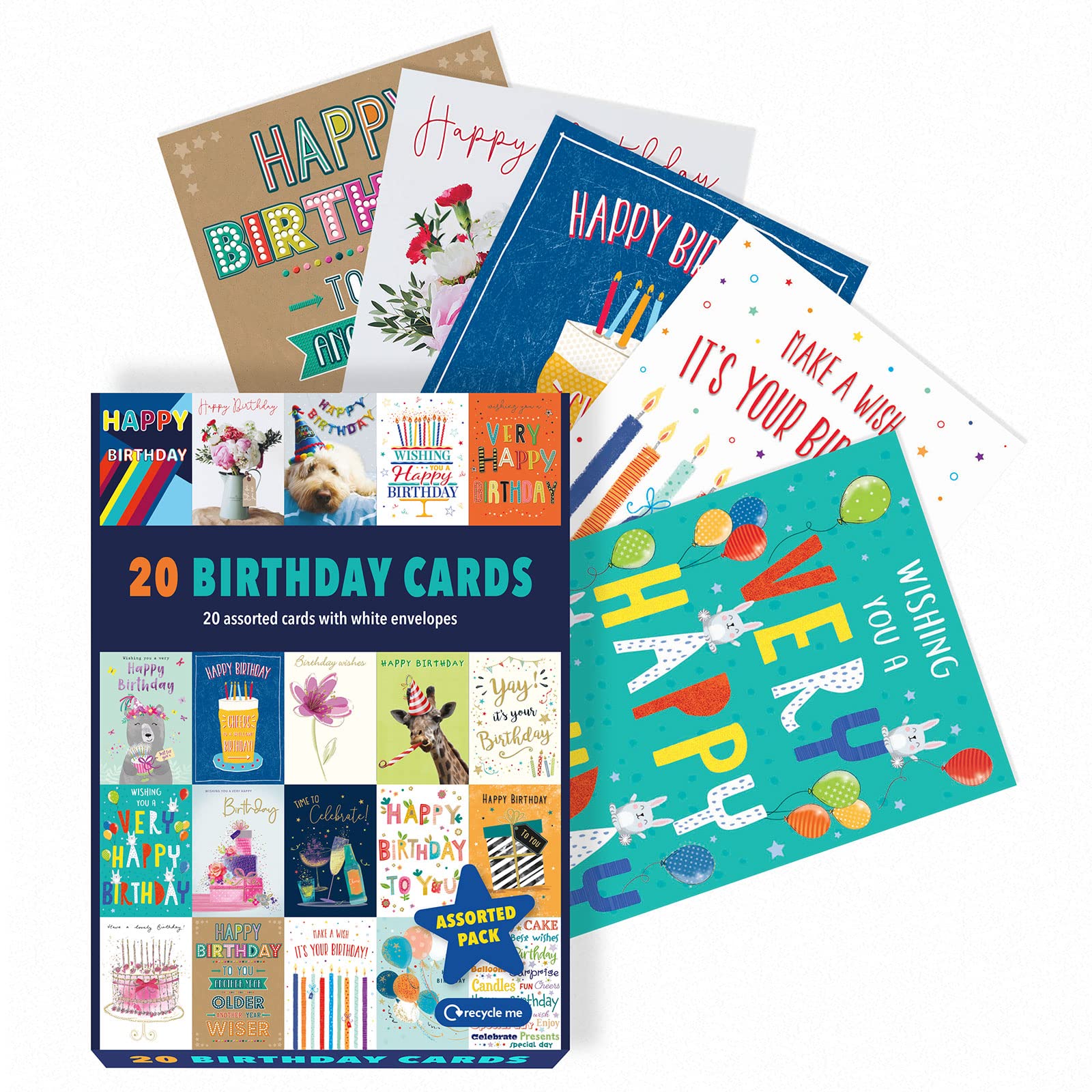 Piccadilly Greetings Assorted Birthday Cards Multipack - 20 Cards, 5x7 Inches, Unique Designs, White Envelopes