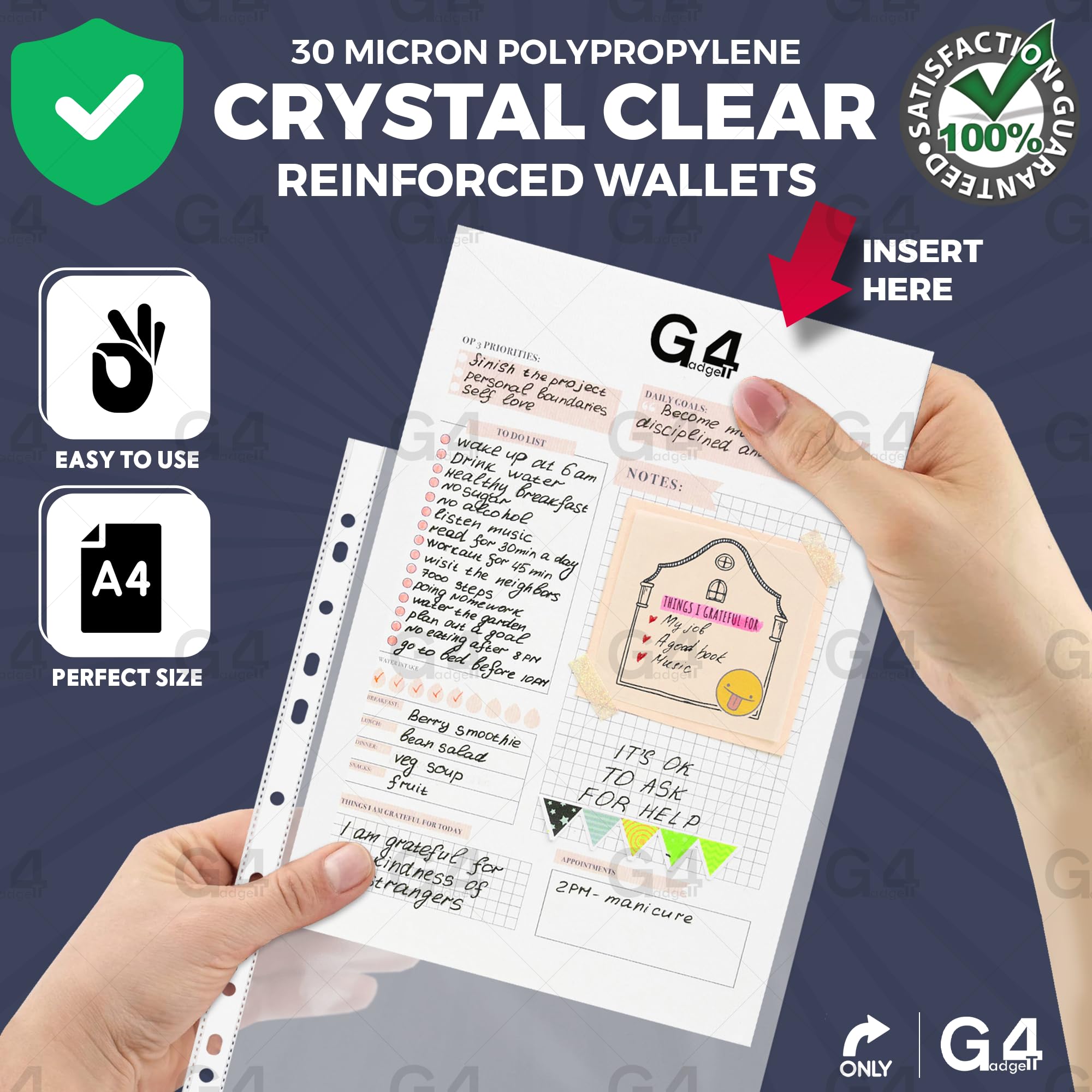 G4GADGET 100 Pcs A4 Plastic Punched Pockets - 30 Micron Clear Textured Finish for Filing 2