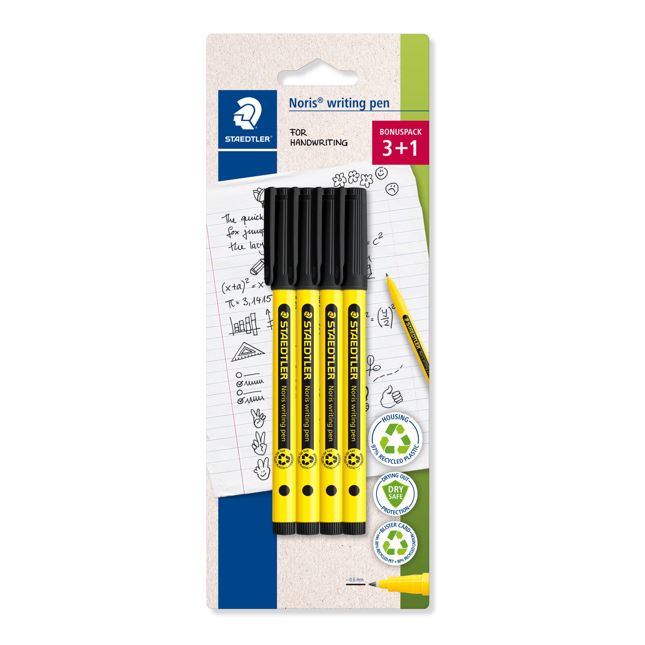 STAEDTLER Noris Handwriting Pen - Black | 0.6mm Fineliner Tip | Pack of 4 1
