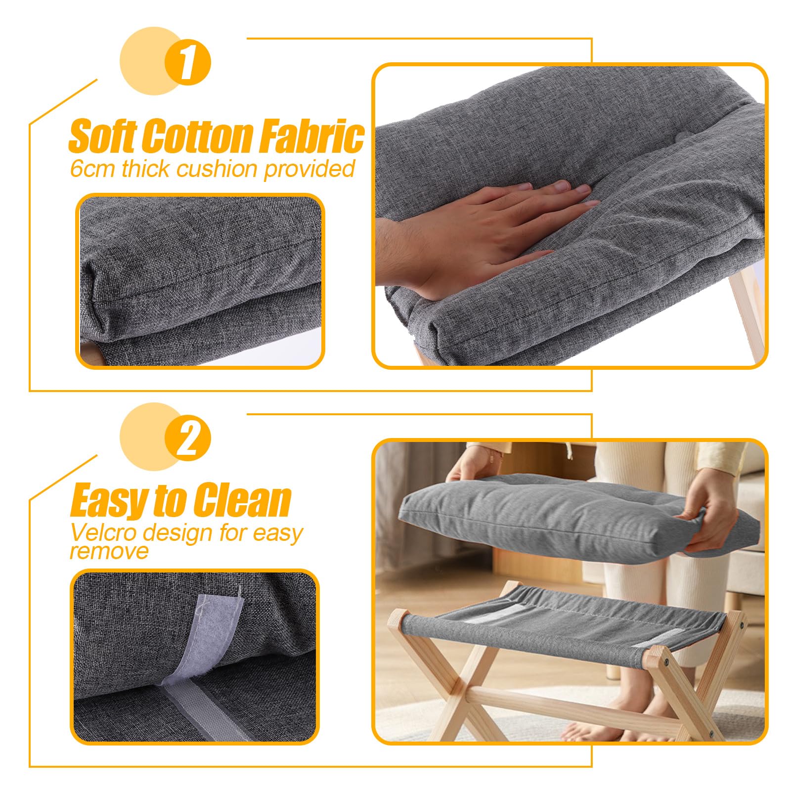 ASelected Wooden Folding Footstool with Soft Cushion | 45x33x33cm | Dark Grey 3