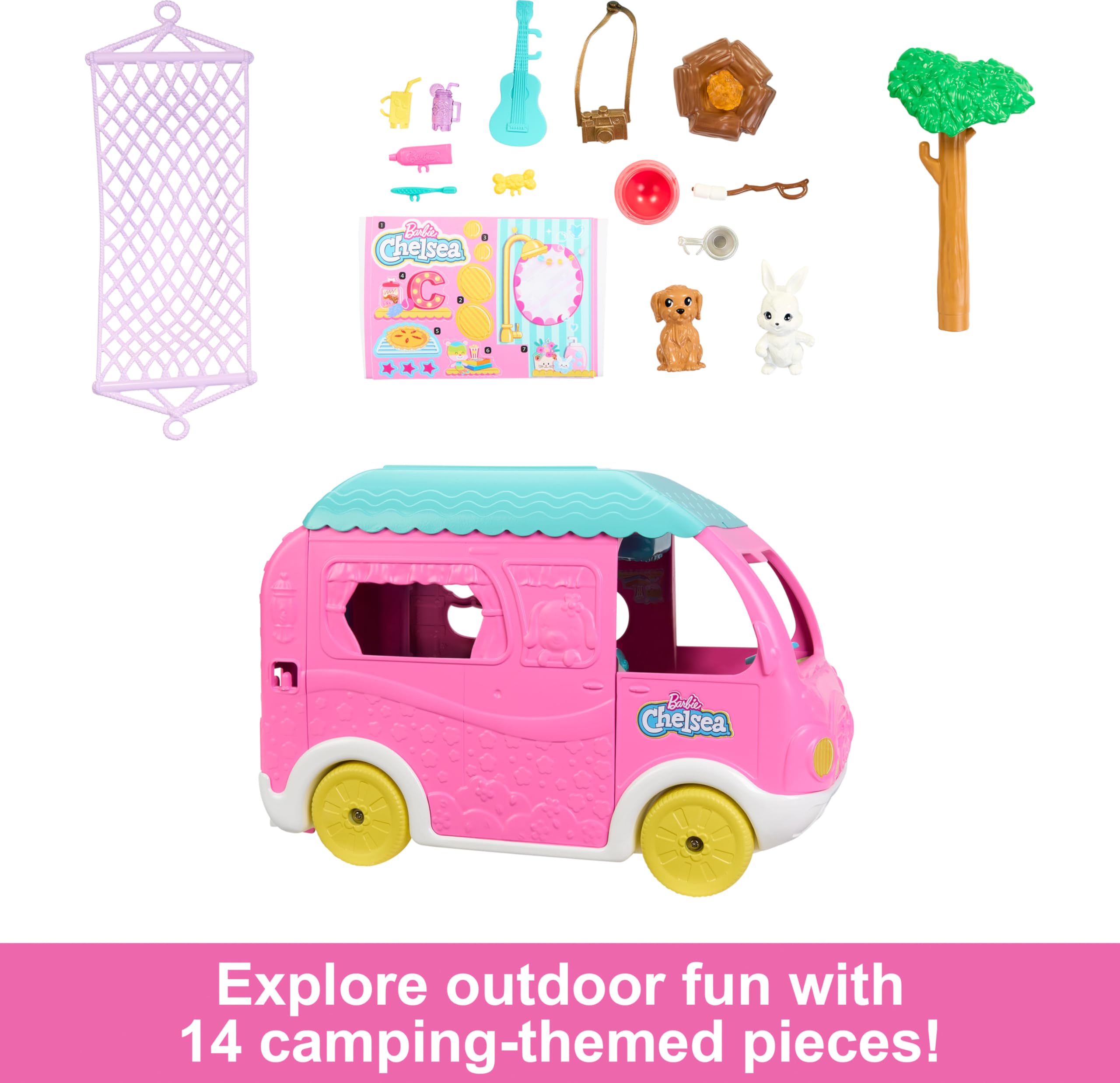 Barbie Chelsea 2-in-1 Camper Playset - Transforming Vehicle with Doll, 2 Pets & 15 Accessories for Kids 3+ 5