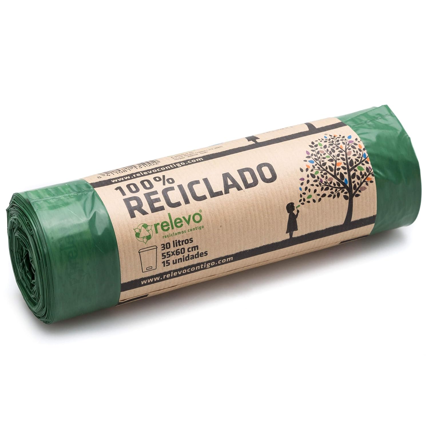 Relevo 100% Recycled Heavy Duty Bin Liners 30L - 15 Bags, Anti-Drip System, Blue Angel Certified 1