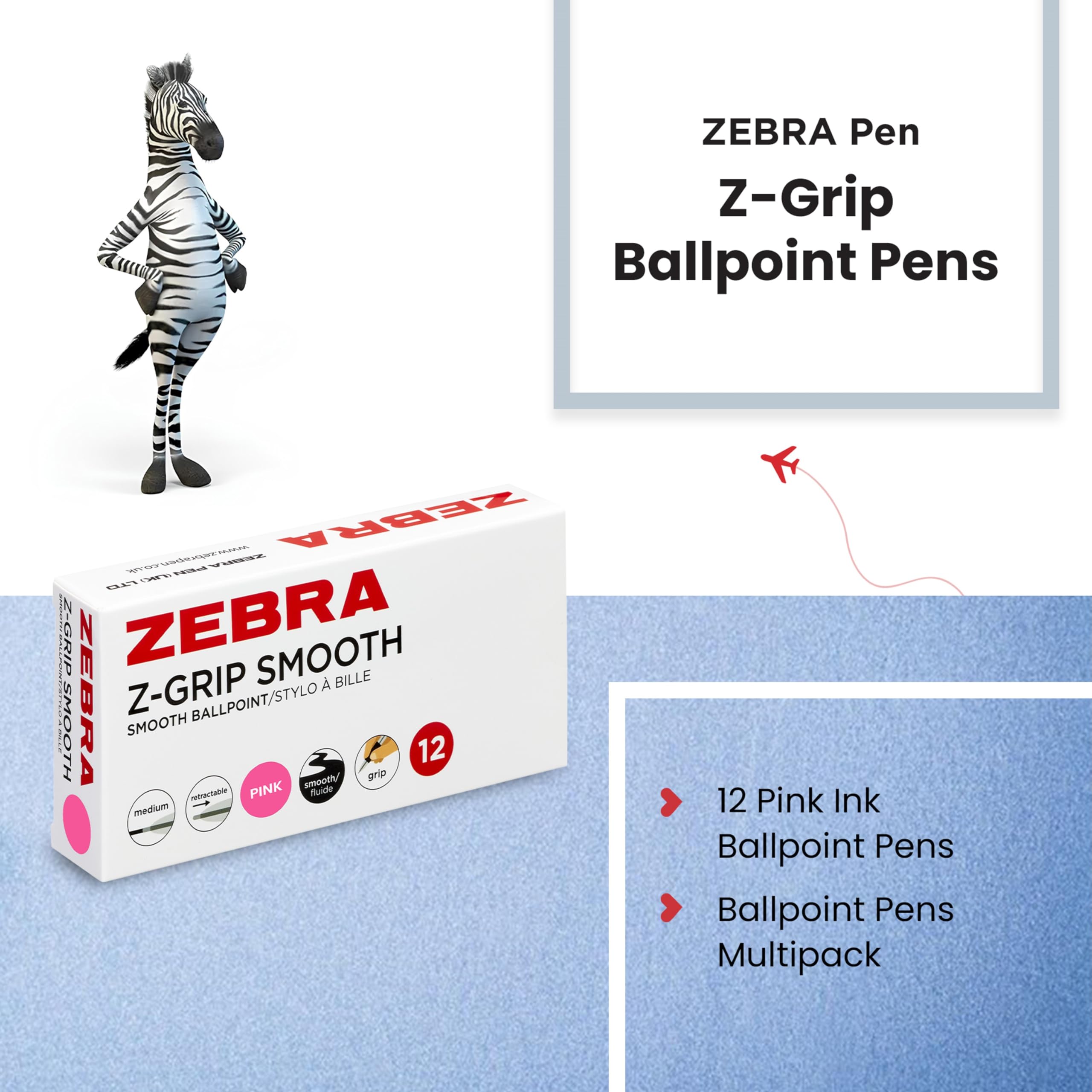 Zebra Pen Z-Grip Smooth Ballpoint Pen - Pink Ink, 1.0mm Medium Point | 12 Count Pack