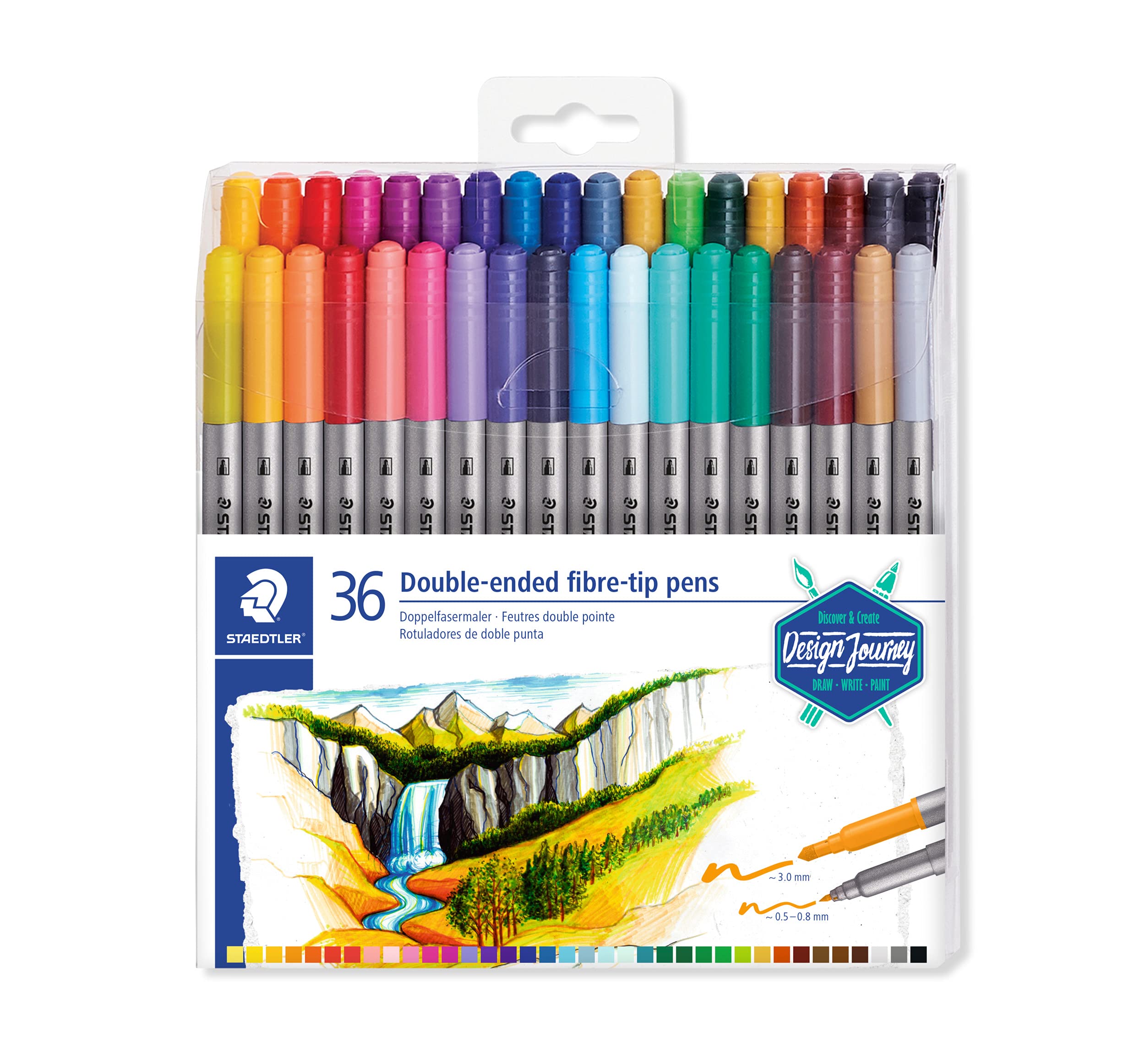 STAEDTLER Design Journey Double-Ended Fibre-Tip Pens - 36 Assorted Colours | Dual Tip (0.5-0.8mm & 3.0mm)