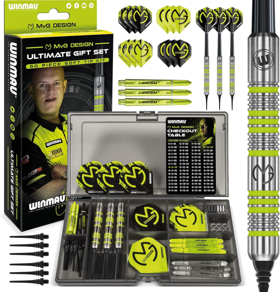 WINMAU Michael van Gerwen MvG Softip Gift Set - 50 Piece Darts Set with 4 Sets of Flights, Shafts, and Accessories