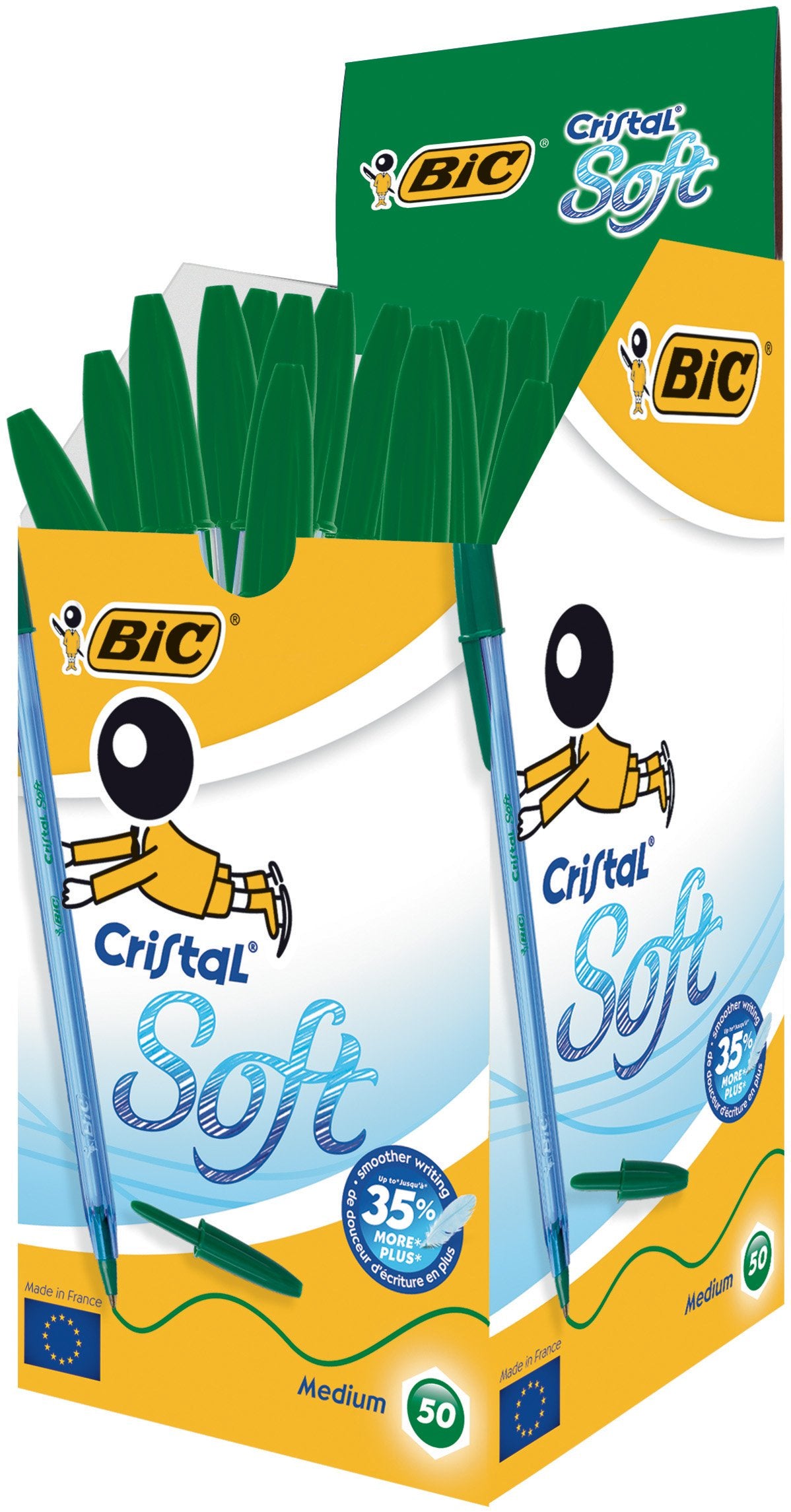 BIC Cristal Soft Ballpoint Pen - Soft Writing Experience | 0.4mm Fine Point | Green Ink | Box of 50