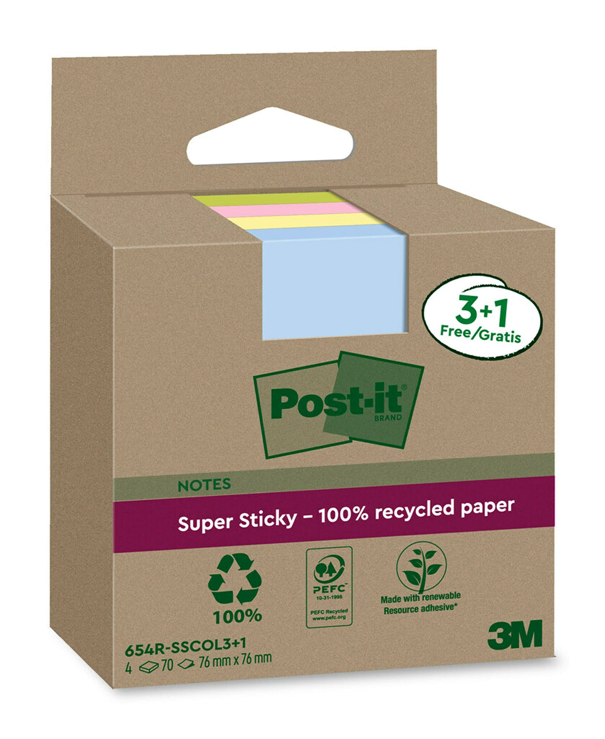 Post-it Super Sticky 100% Recycled Notes - 4 Pad Pack (3+1 Free) | 70 Sheets Each | Pink, Green, Yellow, Blue