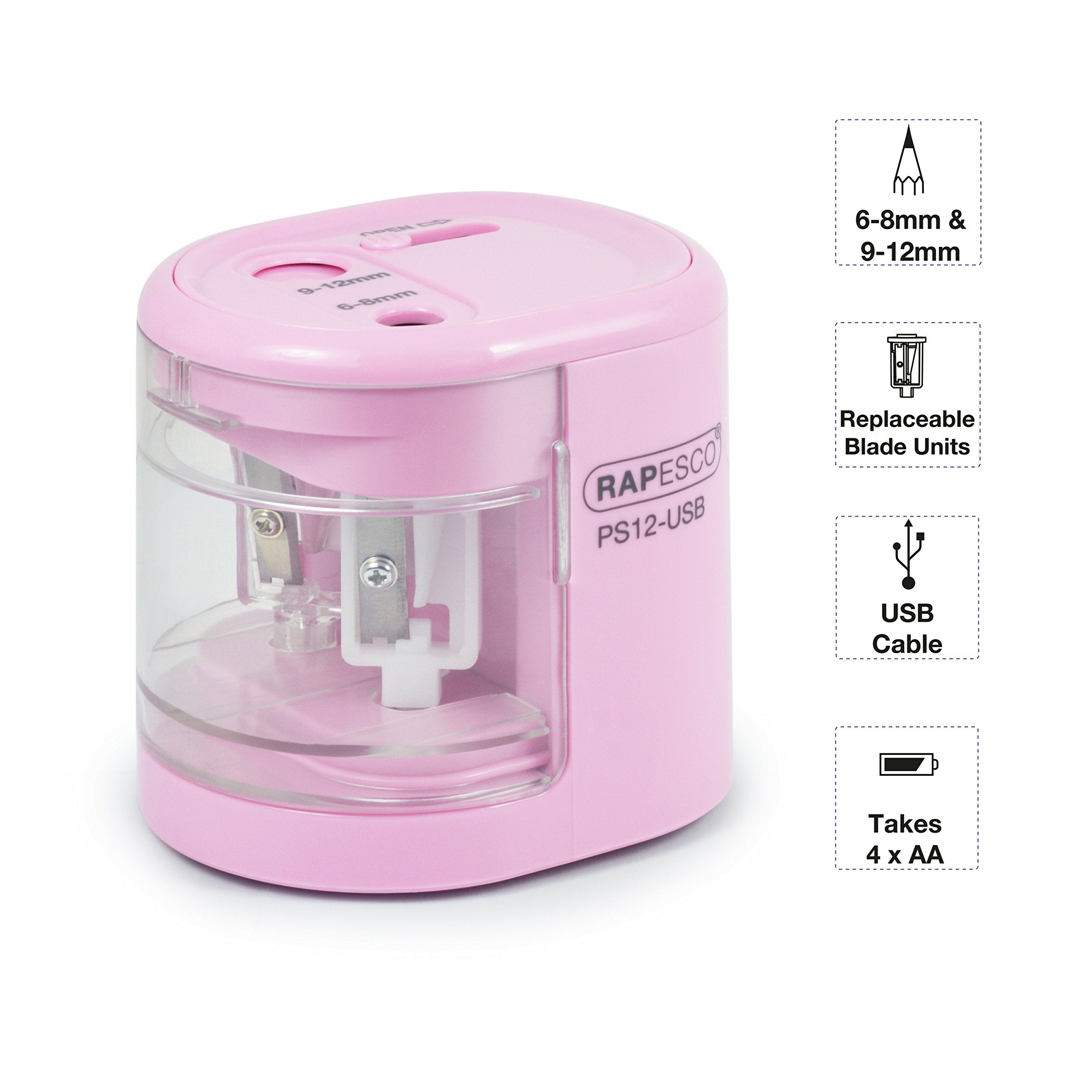 RAPESCO Automatic Electric Pencil Sharpener 1446 - Dual Hole | USB/Battery Powered | Candy Pink 2