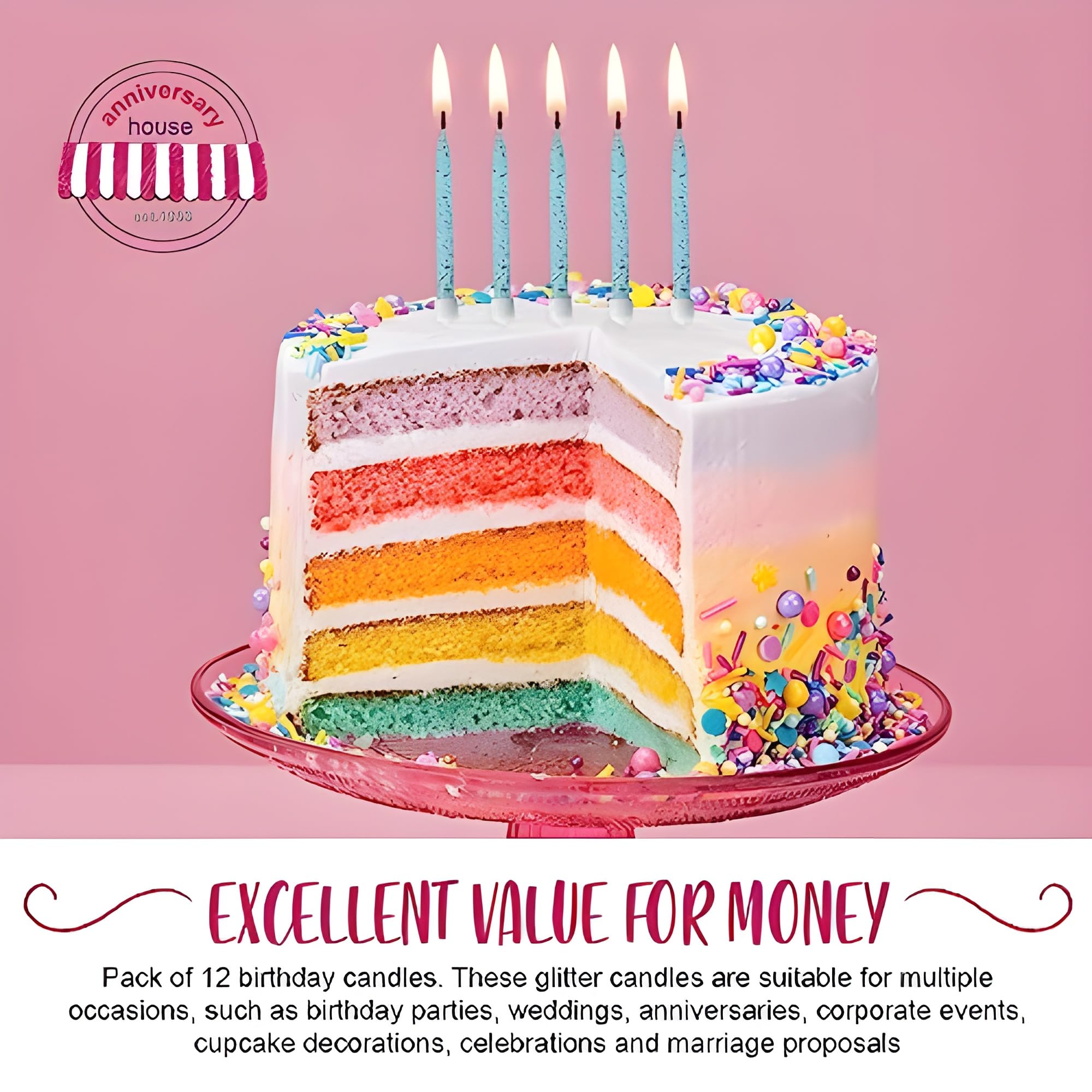 Anniversary House Pale Blue Glitter Birthday Candles Set of 12 with Holders | Unscented Wax | 7.5 cm