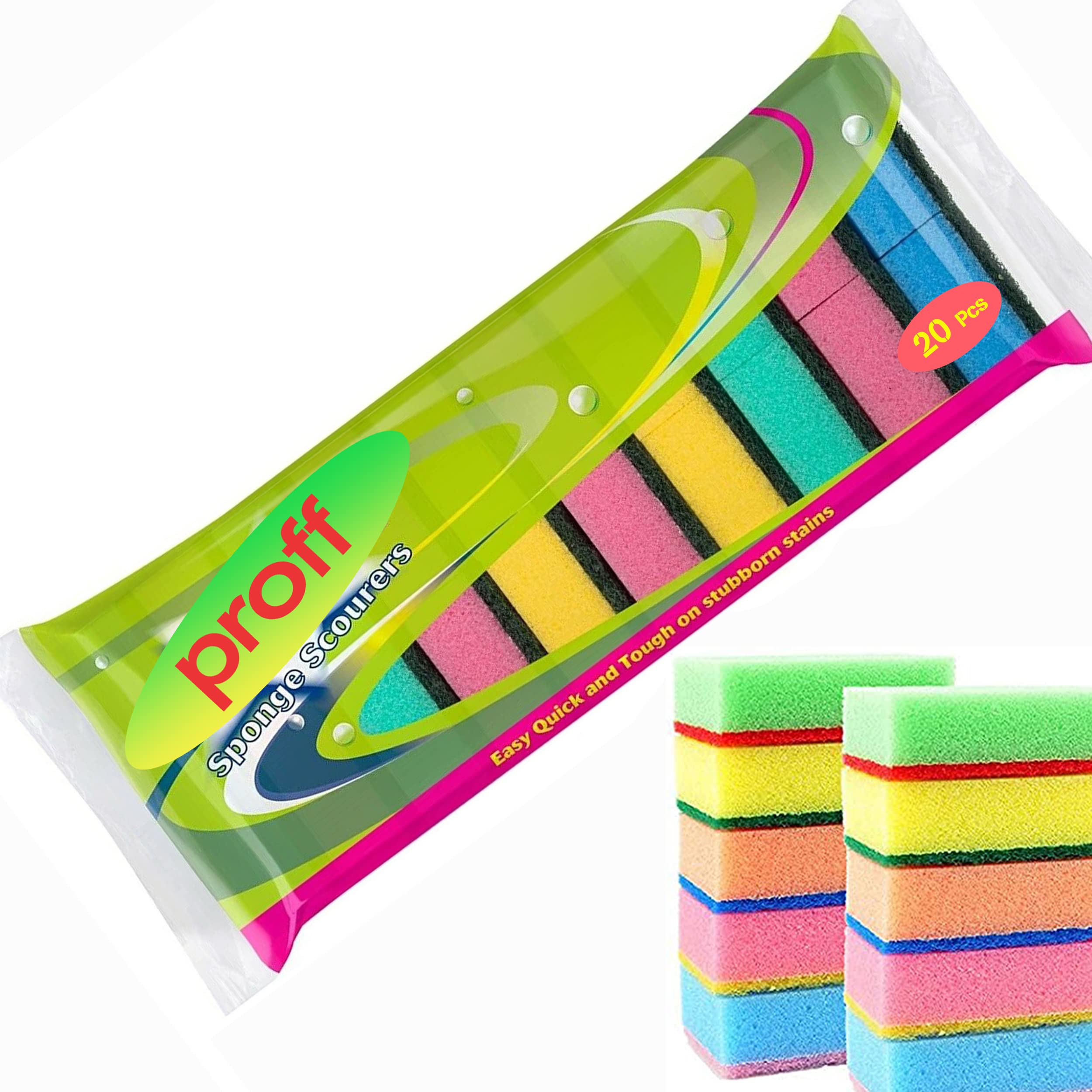 Proff Cleaning & Washing up Sponge Scourers - Dual Sided Foam, Mix Colours | Pack of 20 1