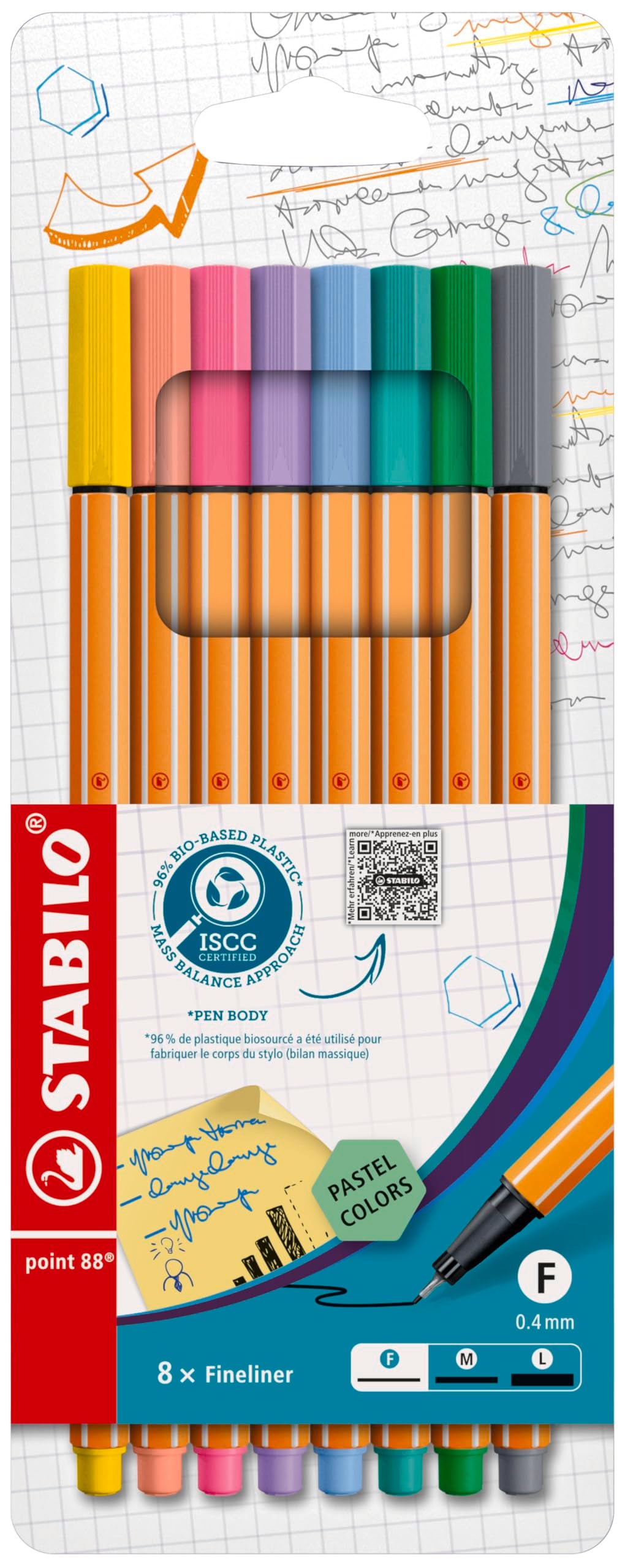 STABILO point 88 Fineliner - 0.4mm Metal Tip, Assorted Pastel Shades | 8 Count Wallet