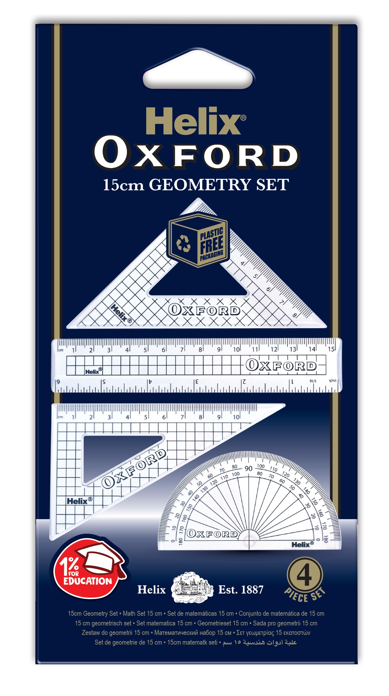 Helix Oxford Geometry Set - 15cm Rule, Protractor, Set Squares | Clear 1