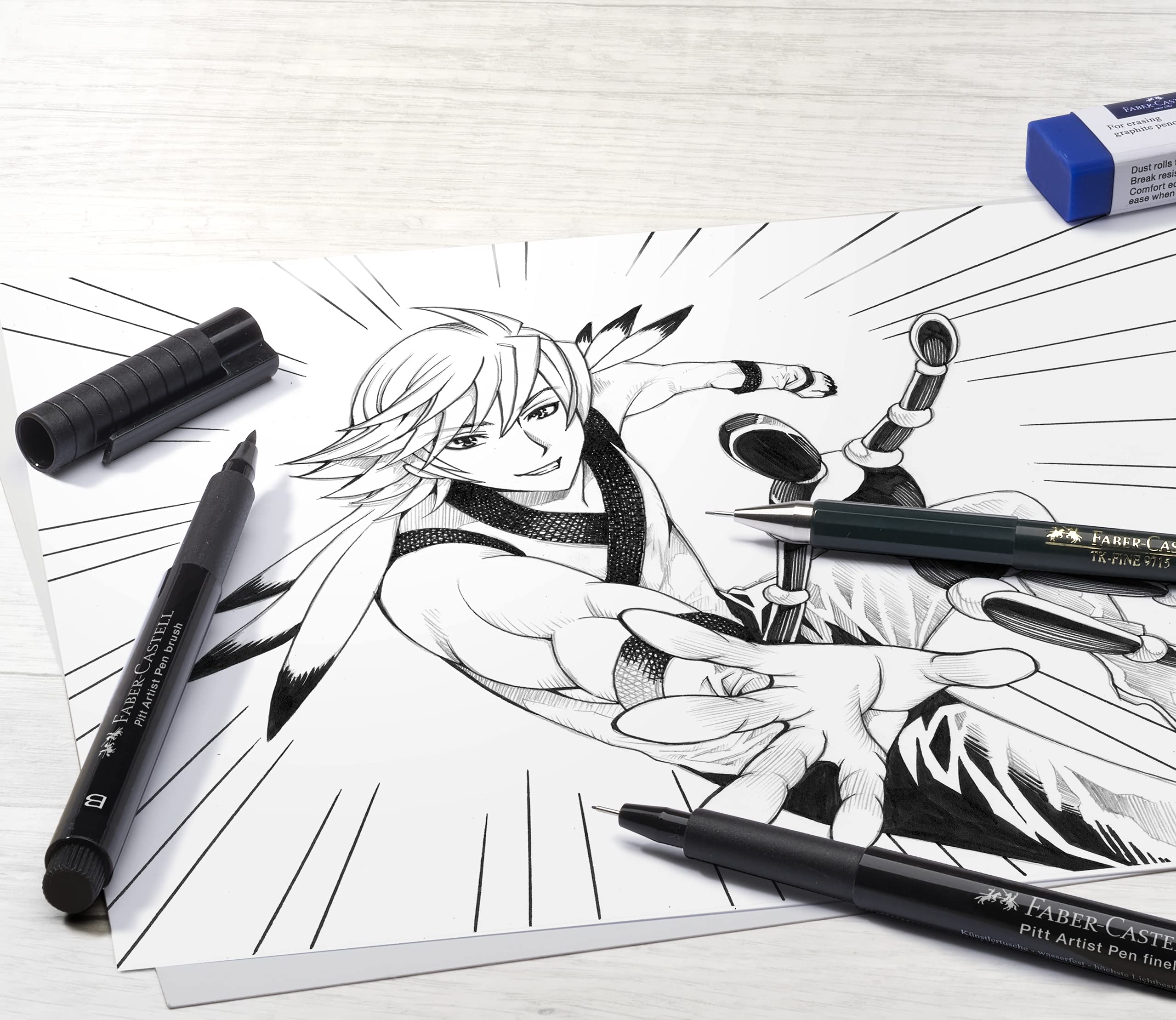 Faber-Castell Pitt Artist Pen Manga Starter Set - Permanent Ink, Quick Drying | Line Sizes XS, M, B 4