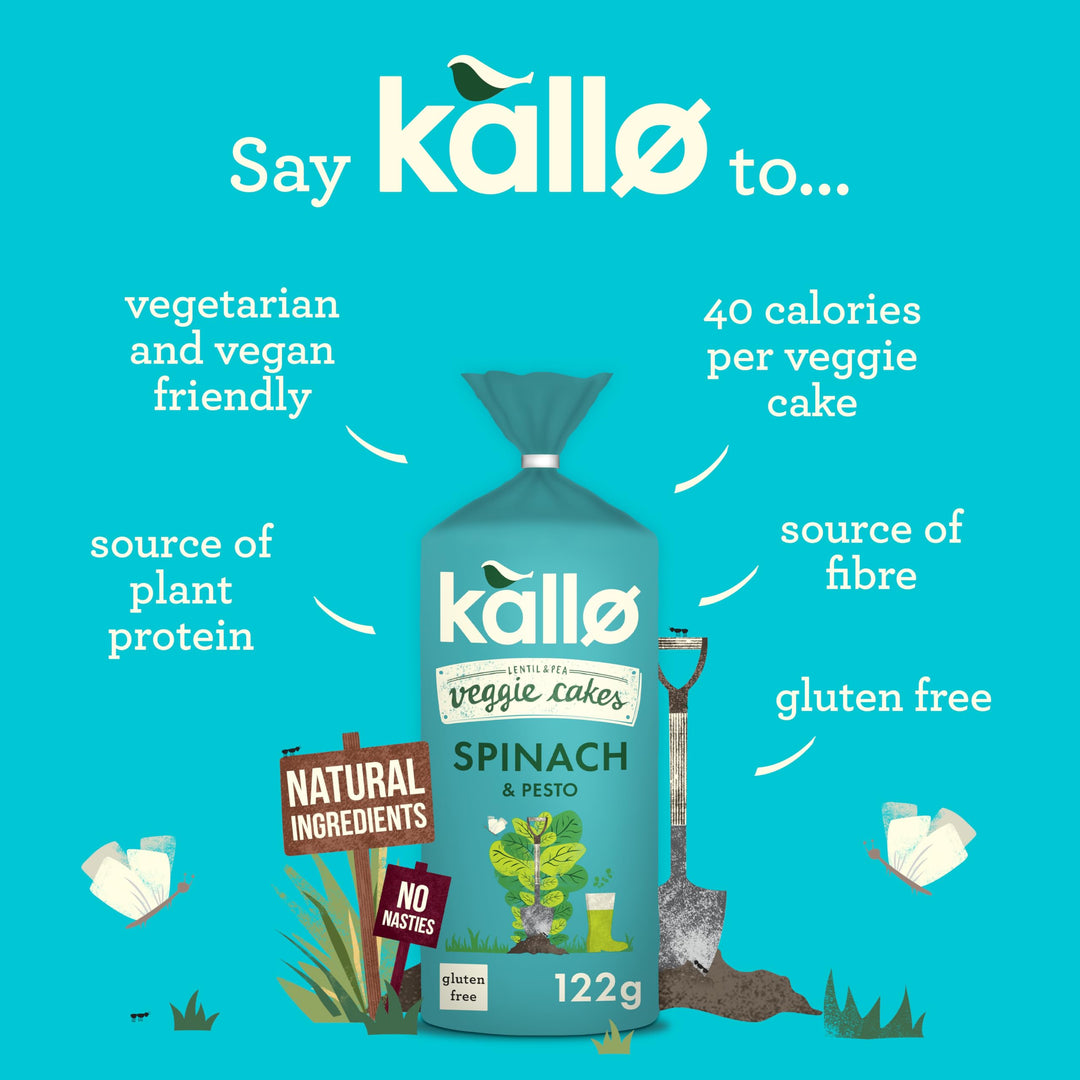Kallo Spinach & Pesto Veggie Cakes, Lentil & Pea Puffed Crackers Made From Plant