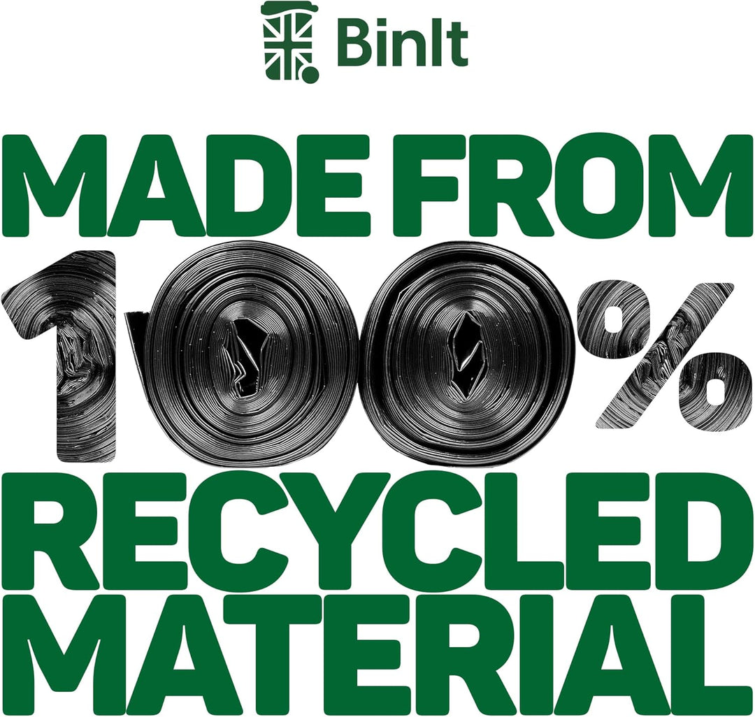 BIN IT 70L Tie Top Bin Liners, 100% Recycled Leak-Resistant Refuse Sacks for Home, Office & Garden