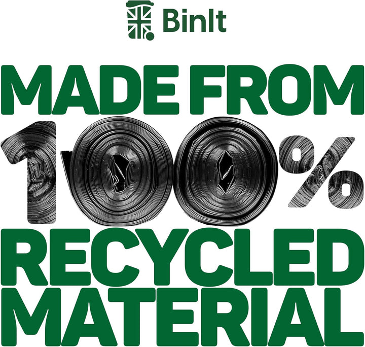 BIN IT 70L Tie Top Bin Liners, 100% Recycled Leak-Resistant Refuse Sacks for Home, Office & Garden