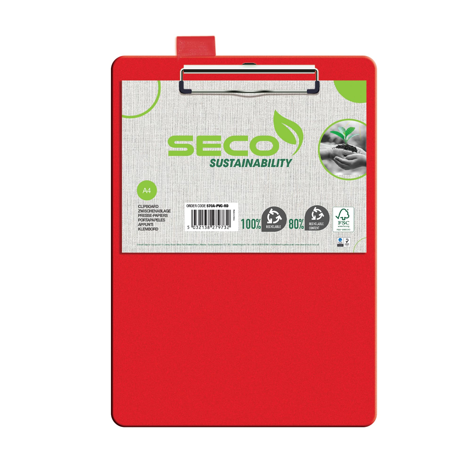 SECO Foldover Clipboard A4+ - Red | Durable PVC | Holds A4 & Foolscap