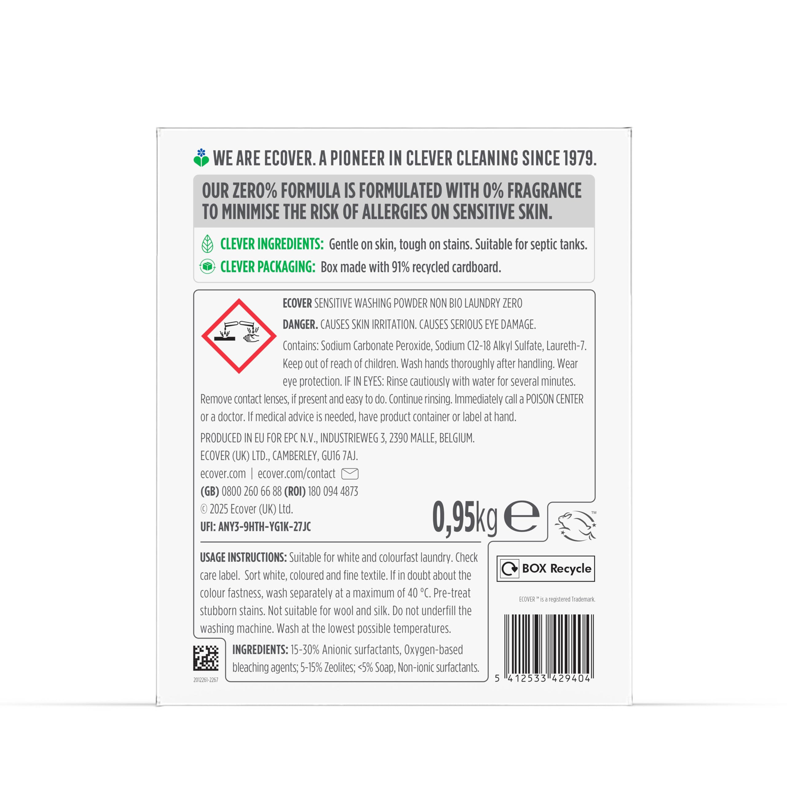 Ecover Zero Non-Bio Powder Detergent for Sensitive Skin, Unscented, 950 g