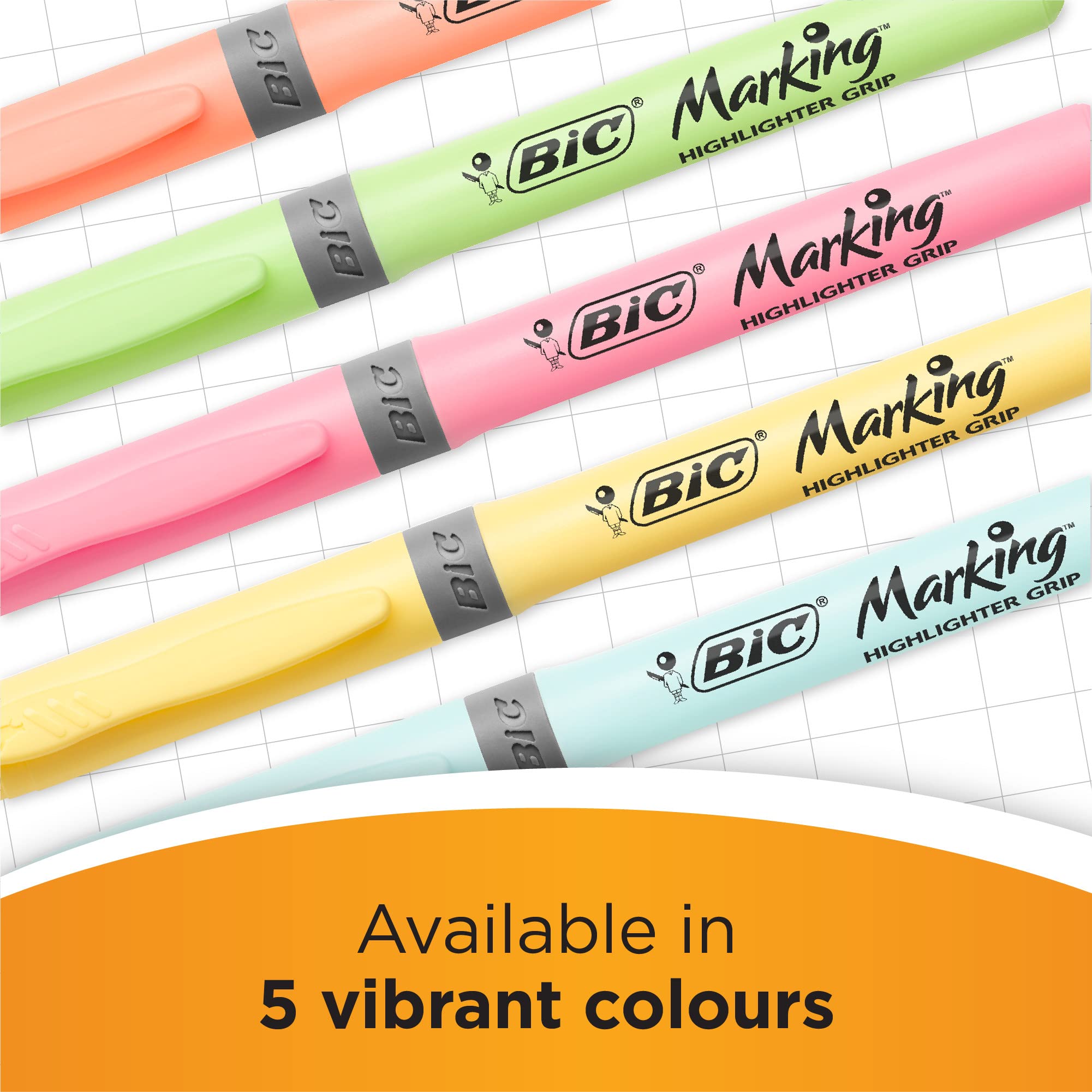 BIC Highlighter Grip Markers - Pack of 12 Assorted Intense & Pastel Colours | Ribbed Rubber Grip | Water-Based Ink 3