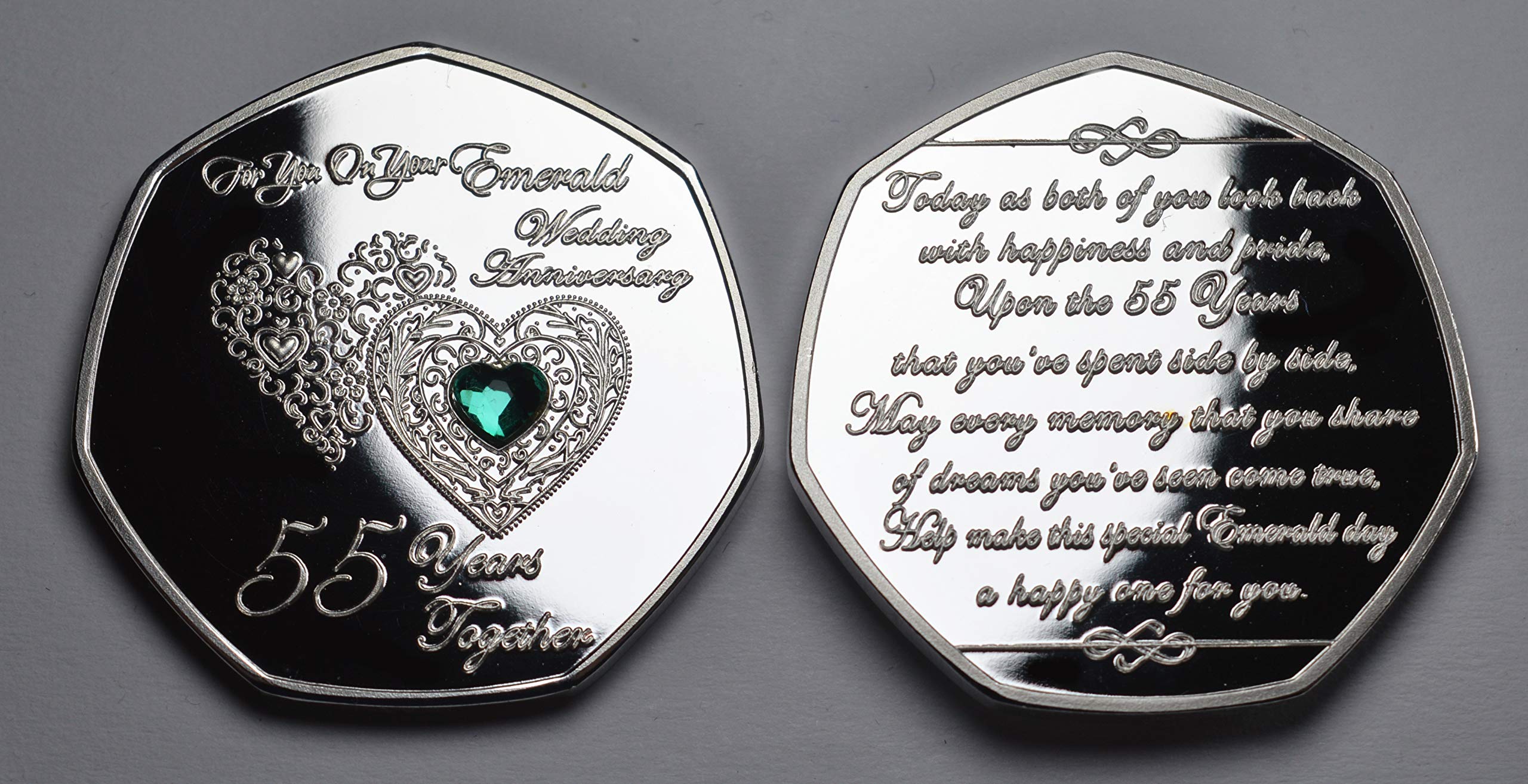 The Commemorative Coin Company 55th Emerald Wedding Anniversary Silver Commemorative Coin - .999 Silver Plated | 8g | 27mm Diameter 8