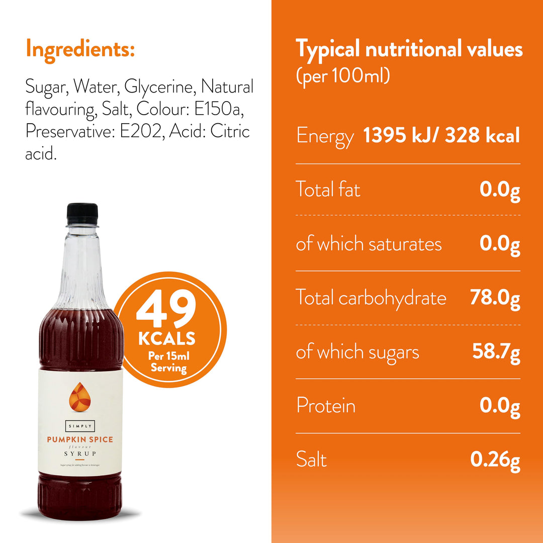 Simply Pumpkin Spice Syrup - Vegan & Nut Free Flavoured Syrup for Coffee, Cocktails, Baking 1L
