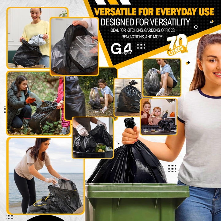 G4GADGET 70L Bin Bags (10 Pack) - Heavy Duty Black Refuse Sacks, Tear & Leak-Resistant Waste Bags