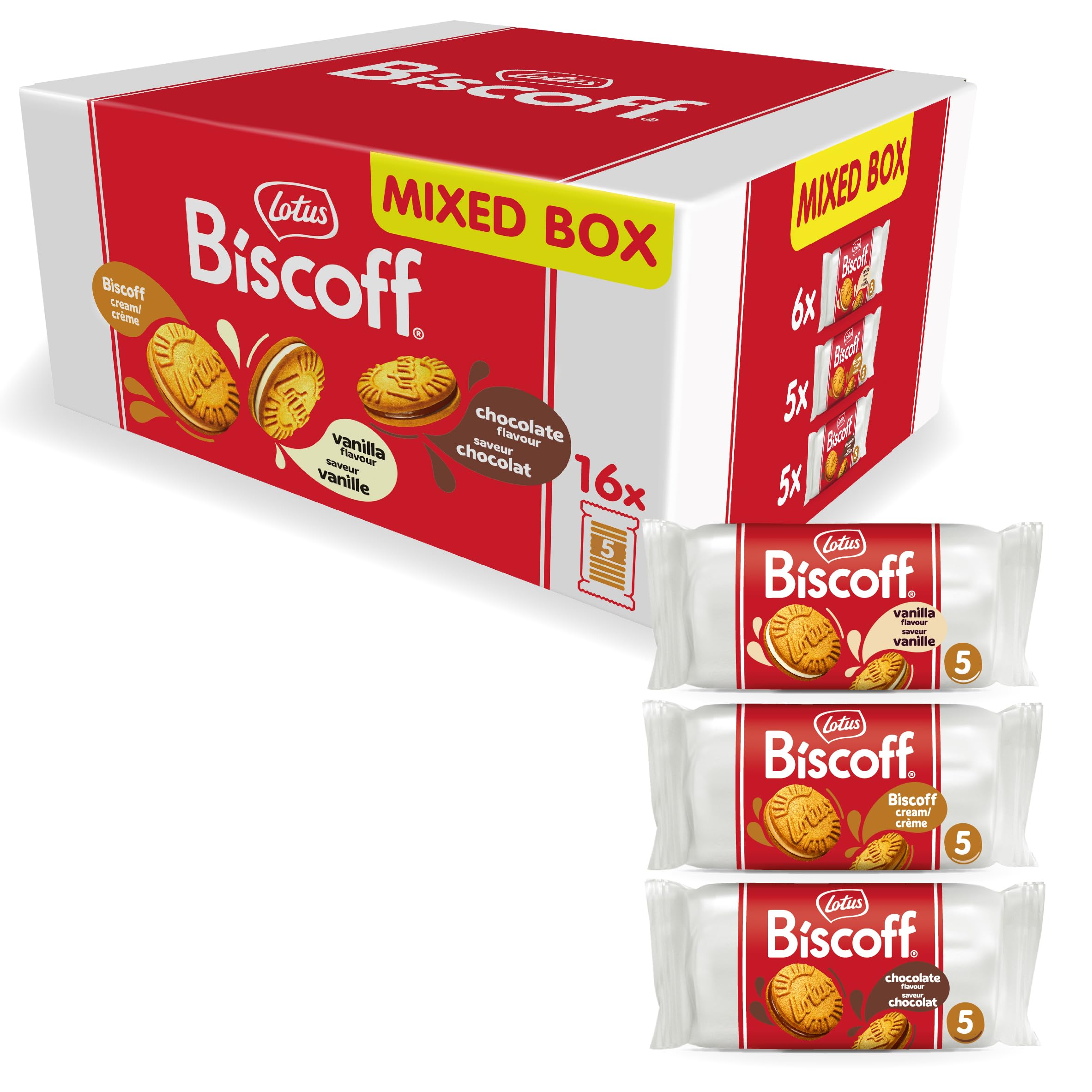 Lotus Biscoff Sandwich Biscuits Variety Pack - Vanilla, Chocolate & Caramel Cream - 80 Cookies (16 Rolls)
