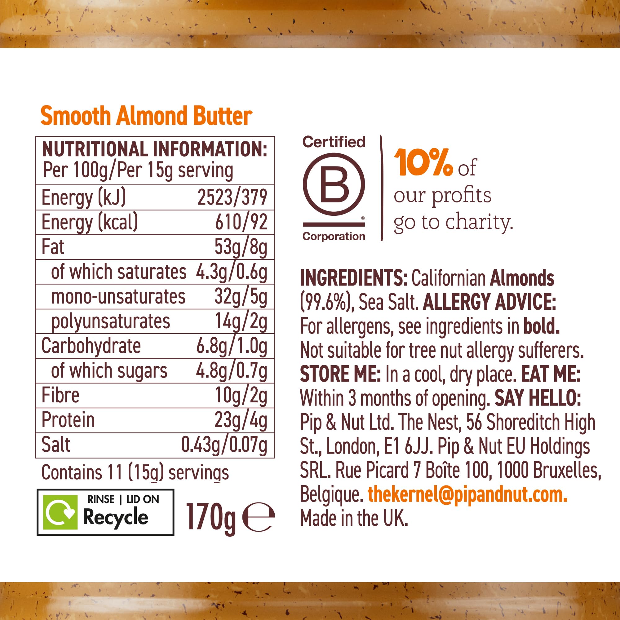 Pip & Nut Smooth Almond Butter - Natural Protein Source | 6 x 170g Pack | No Palm Oil
